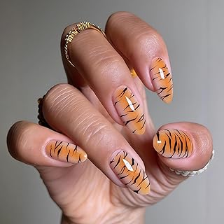 Press on Nails Medium Almond Fake Nails with Tiger Stripe Designs Gradient False Nails Glossy Animal Print False Nails Brown Orange Acrylic Nail Fall Stick on Nails Artificial Nail for Women 24Pcs