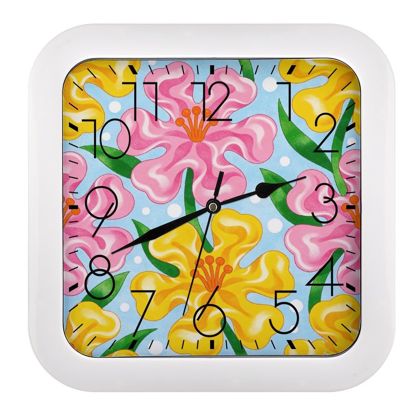 Horloge murale silencieuse carrée de 25,4 cm sans tic-tac décorative et fleurie