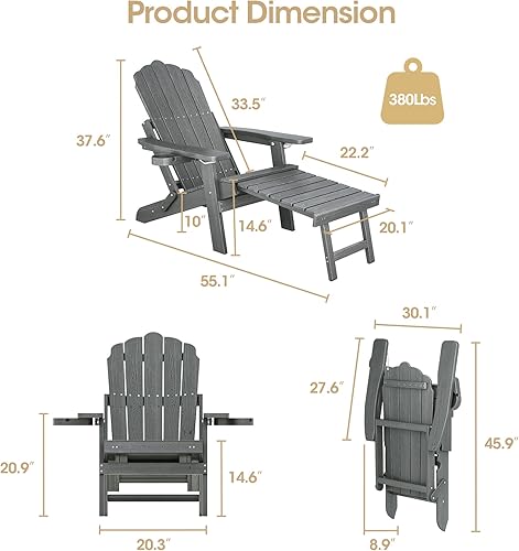 Miniatura 3 de Silla Adirondack plegable con respaldo ajustable con otomana y 2 portavasos, silla Adirondack HIPS resistente a la intemperie, silla para hoguera al