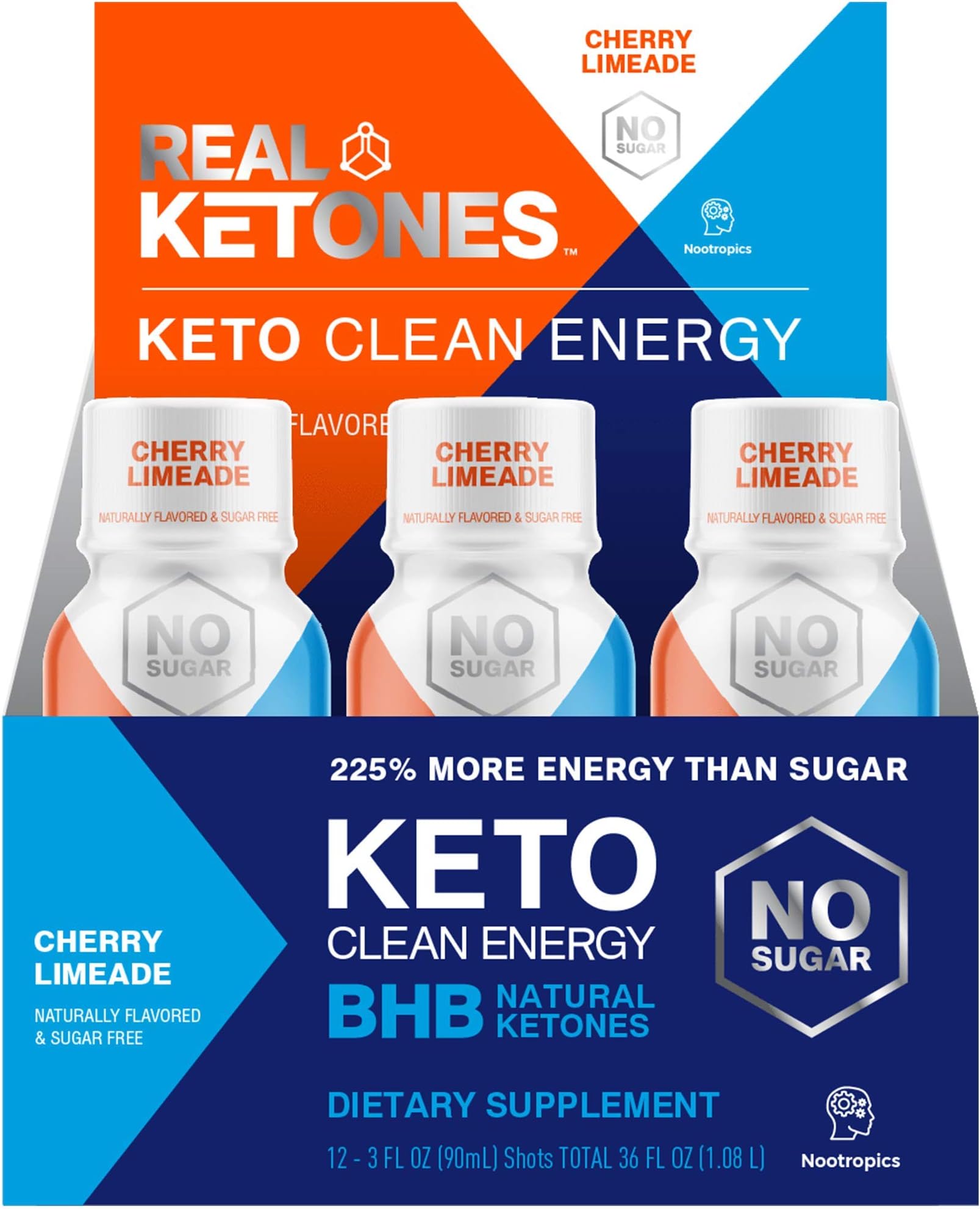 Keto Energy Shot - Exogenous Ketones Preworkout Drink- 12-Pack with D-BHB, Natural Caffeine, and Nootropic Blend - Cherry Limeade by Real Ketones