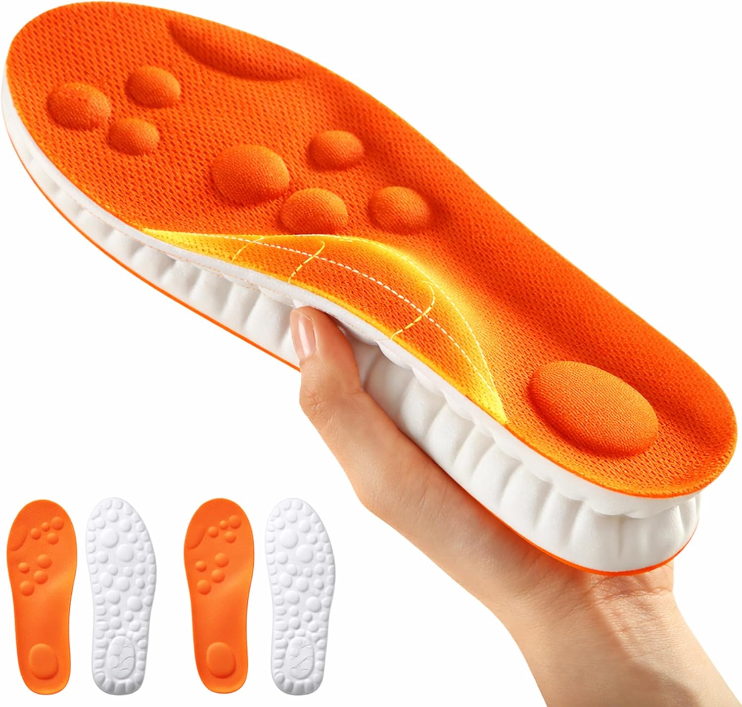 2 Pairs Massage Insoles for Men Women - 4D Cloud Orthopedic Insoles, Memory Foam Cushion Insole, Shock Absorption & Arch Support (Orange,M5/W6)