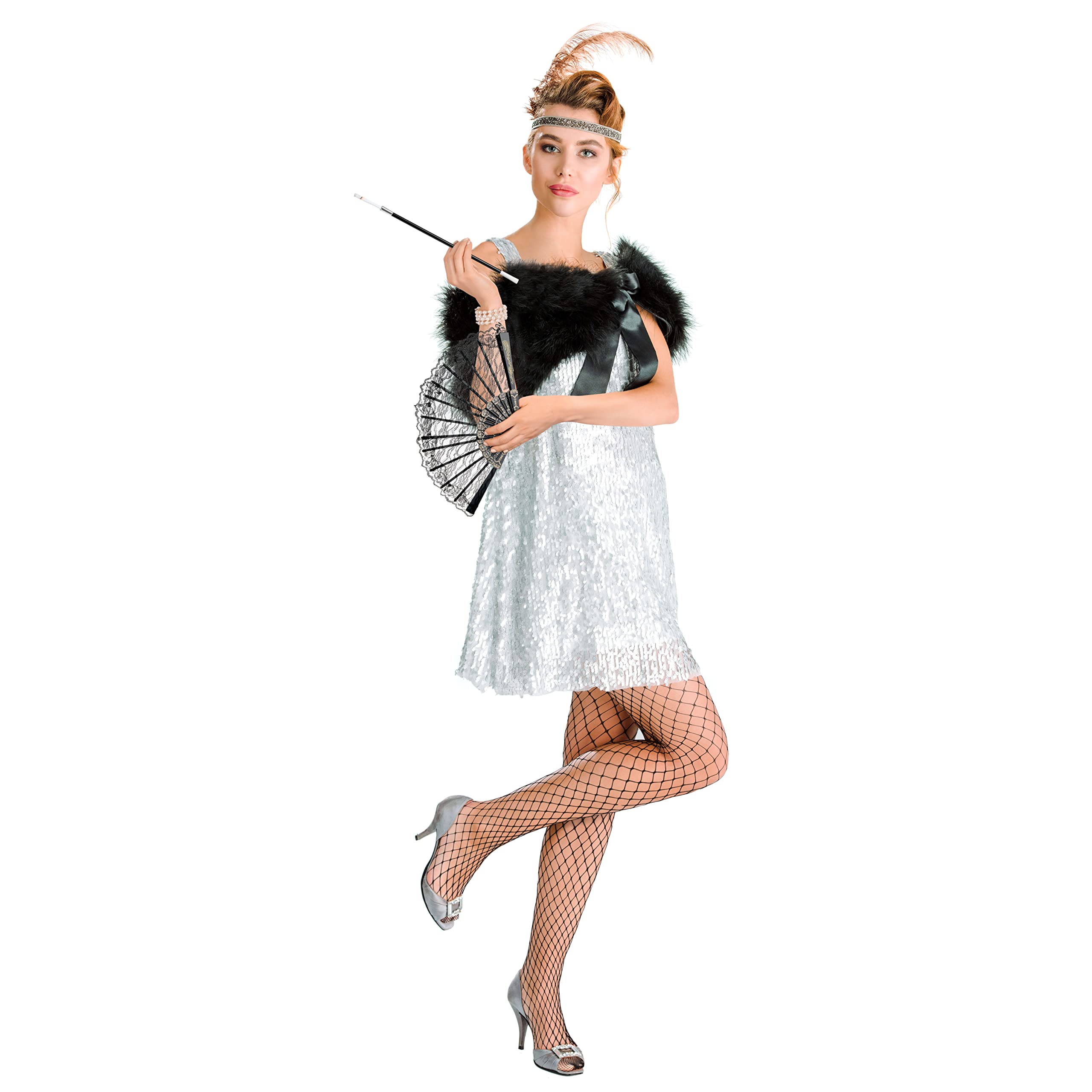 Balinco 1920s Accessories Ladies Set, Pearl Bracelet, Fan, Fishnet Tights, Cigarette Holder, Carnival, Women's Carnival - Image 2