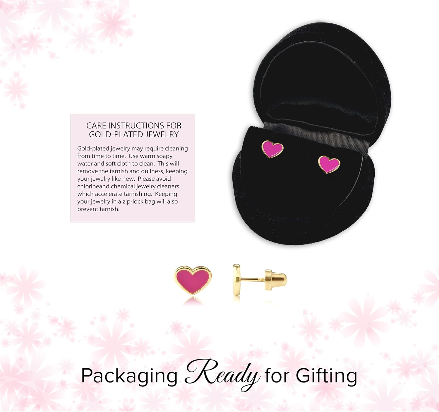 Cherished Moments Children's 14K Gold Plated or .925 Sterling Silver Pink Heart Screw Back Earrings for Babies, Little Girls, Kids and Toddlers