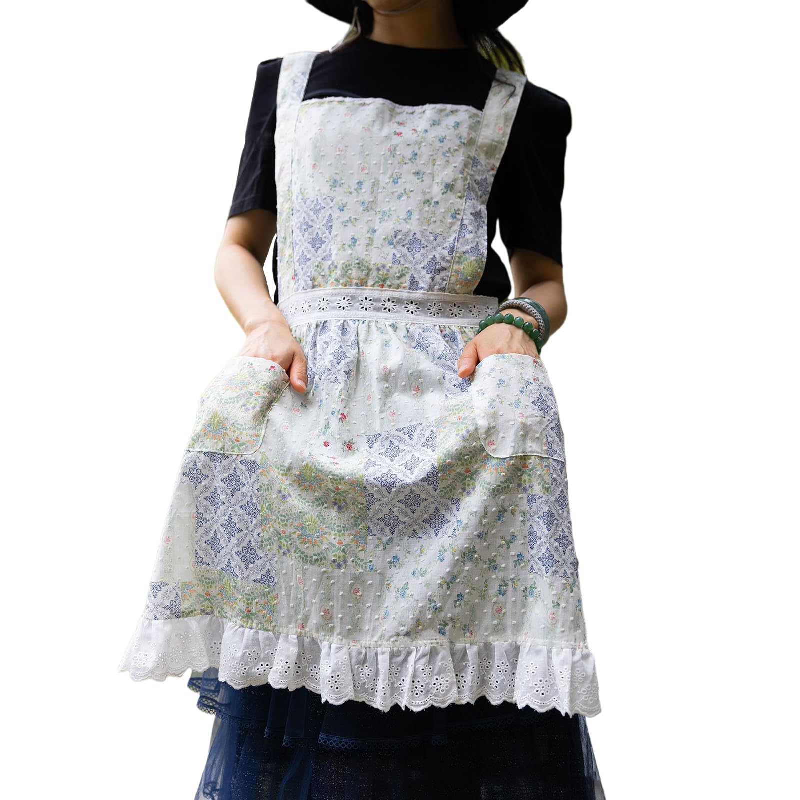 Bawełniany Fartuch Kobiet W Japońskim Stylu Fartuchy Damski Pinafore Z 2 Kieszeniami Do Ogrodzie Sprzątanie GotowanieBlue,One Size