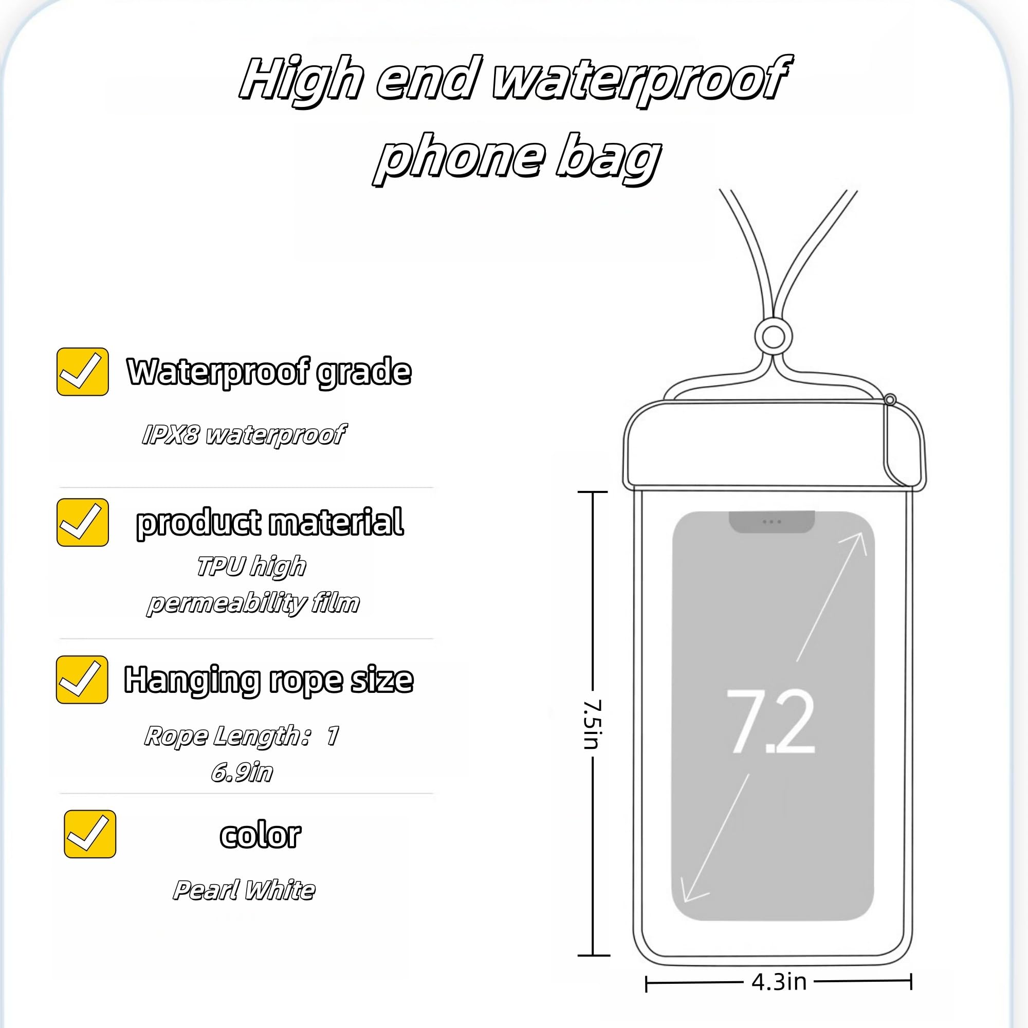 Wasserdichte Handytasche, universelle Trockentasche für Strand, Schwimmen und Outdoor-Aktivitäten, IPX8-zertifiziert, passend für alle Handys bis zu 18,3 cm (7,2 Zoll), Weiß