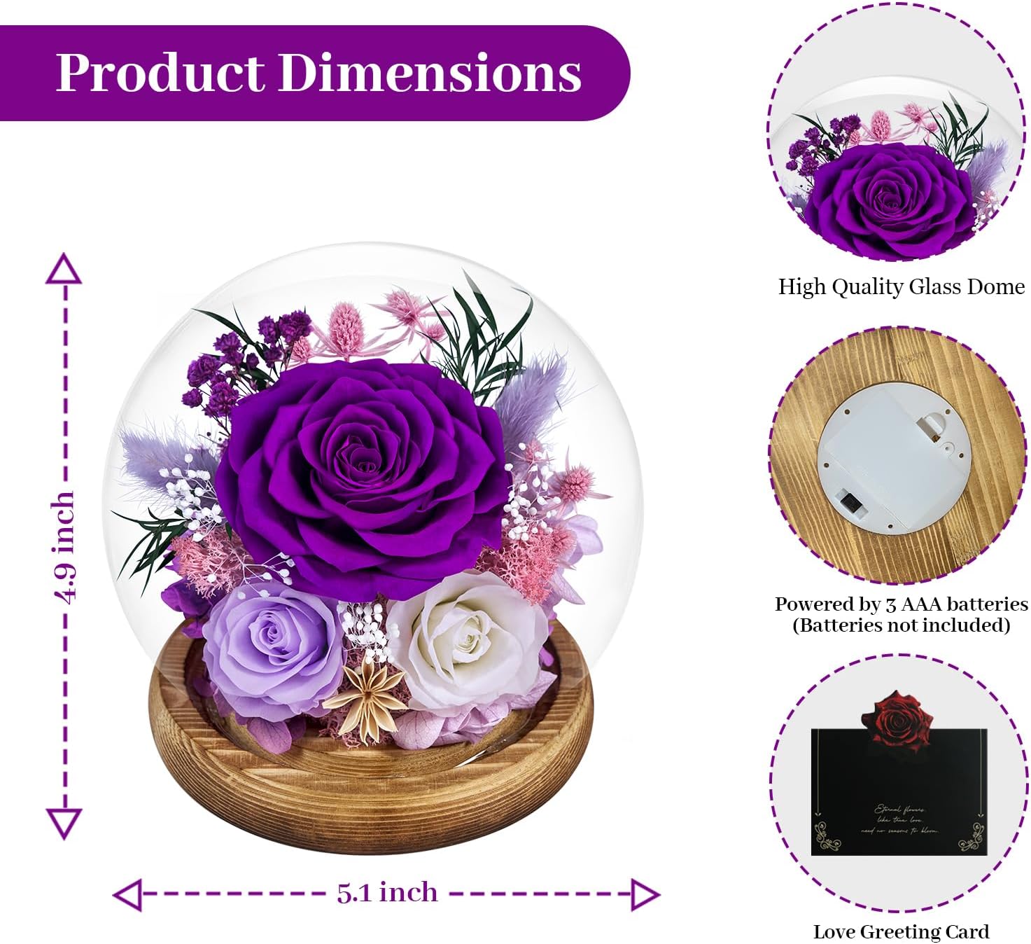 Preserved Roses Forever rose in glass dome - Birthday Gifts for Women Mom, Real Flowers for Delivery Prime | Rose Gift for Grandma Wife Sister Friend(Mix purple) - Image 3