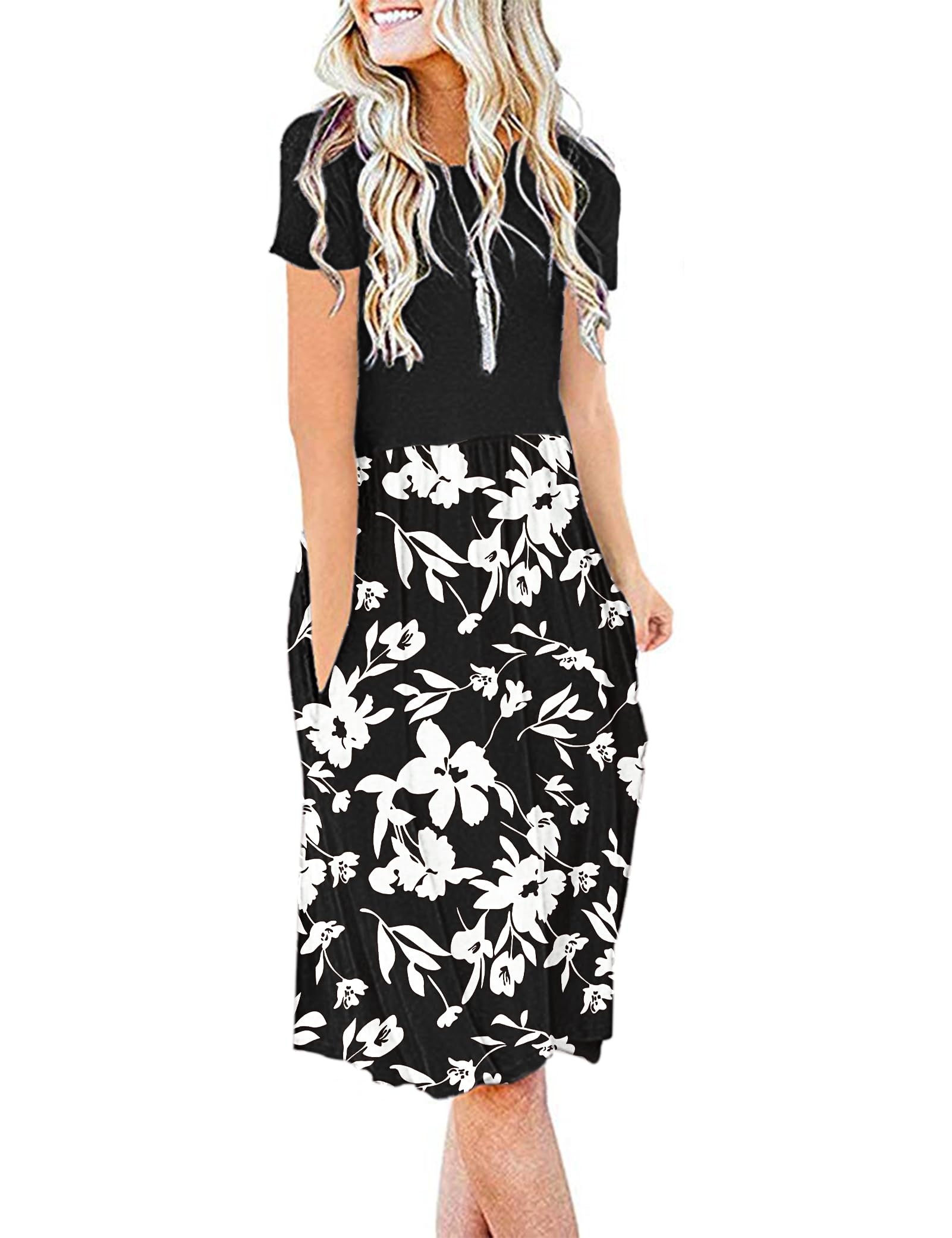 AUSELILY Vestido Verano Mujer Manga Corta Informal Plisado Acampanado con Bolsillos y Cintura Imperio hasta la Rodilla