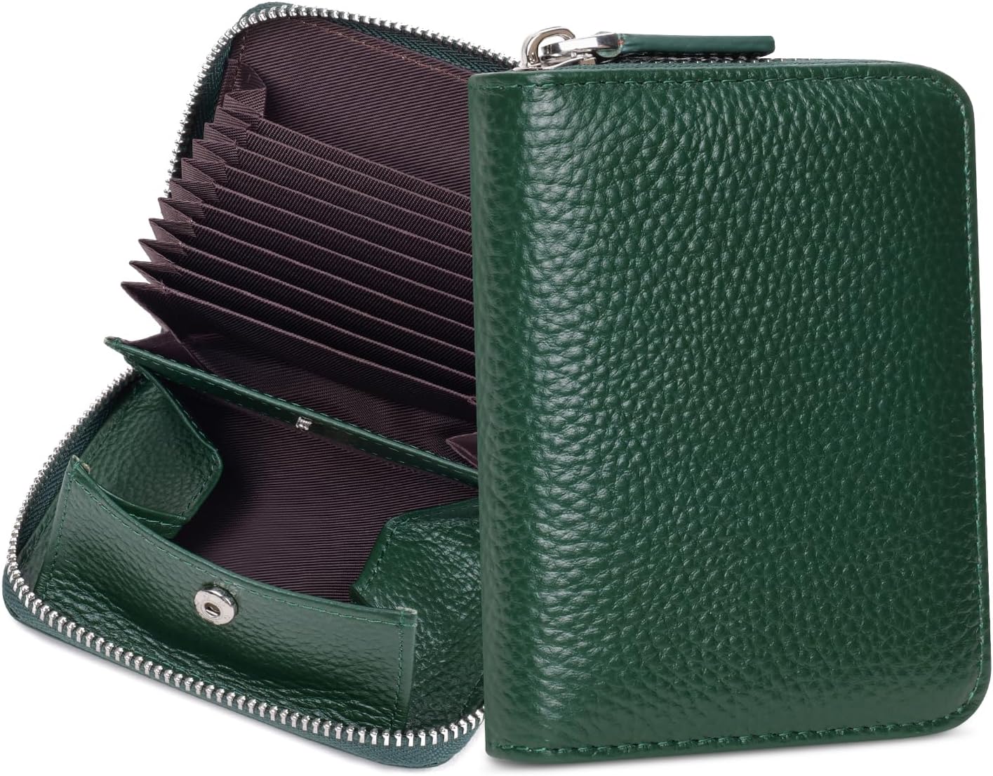 Womens Genuine Leather Zipper Credit Card Holder RFID Blocking Small Accordion Wallet with Coin Pouch,Dark Green