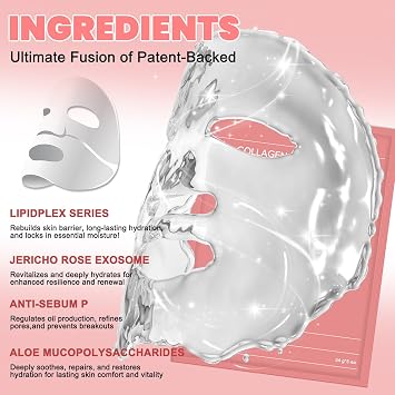 Bio Collagen Face Mask, Overnight Hydrogel Masks, Real Deep Collagen Mask for Glass Skin, Pore Minimizing, Elasticity Improvement, 5PCS