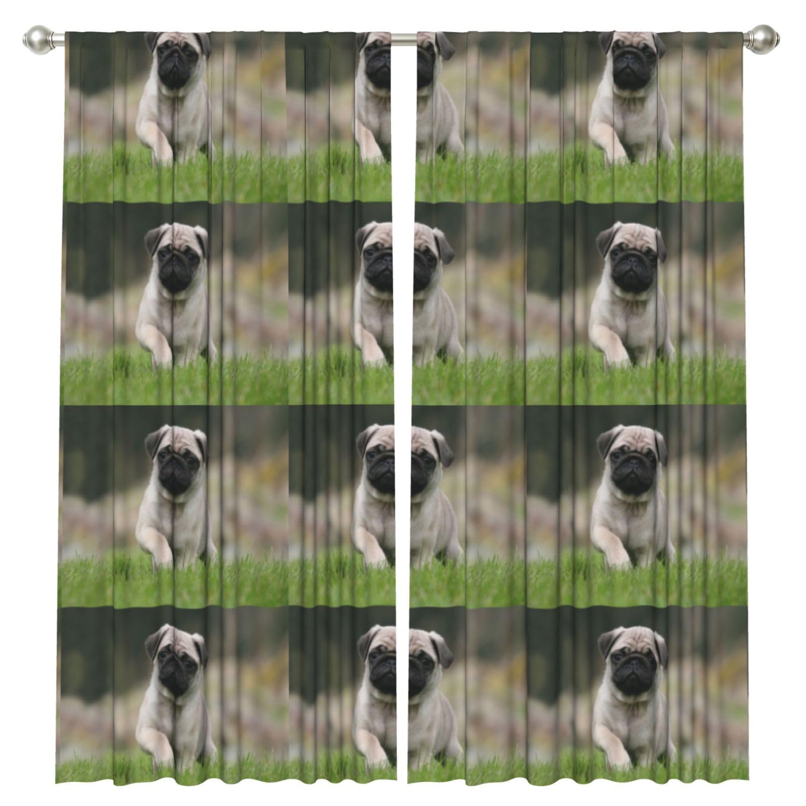 InOmak Pug Bokeh Puppy Dogs Lawn Pets Pug, 2 Panels Window Curtains 52 x 84 Inch Blackout Curtains for Living Room Bedroom