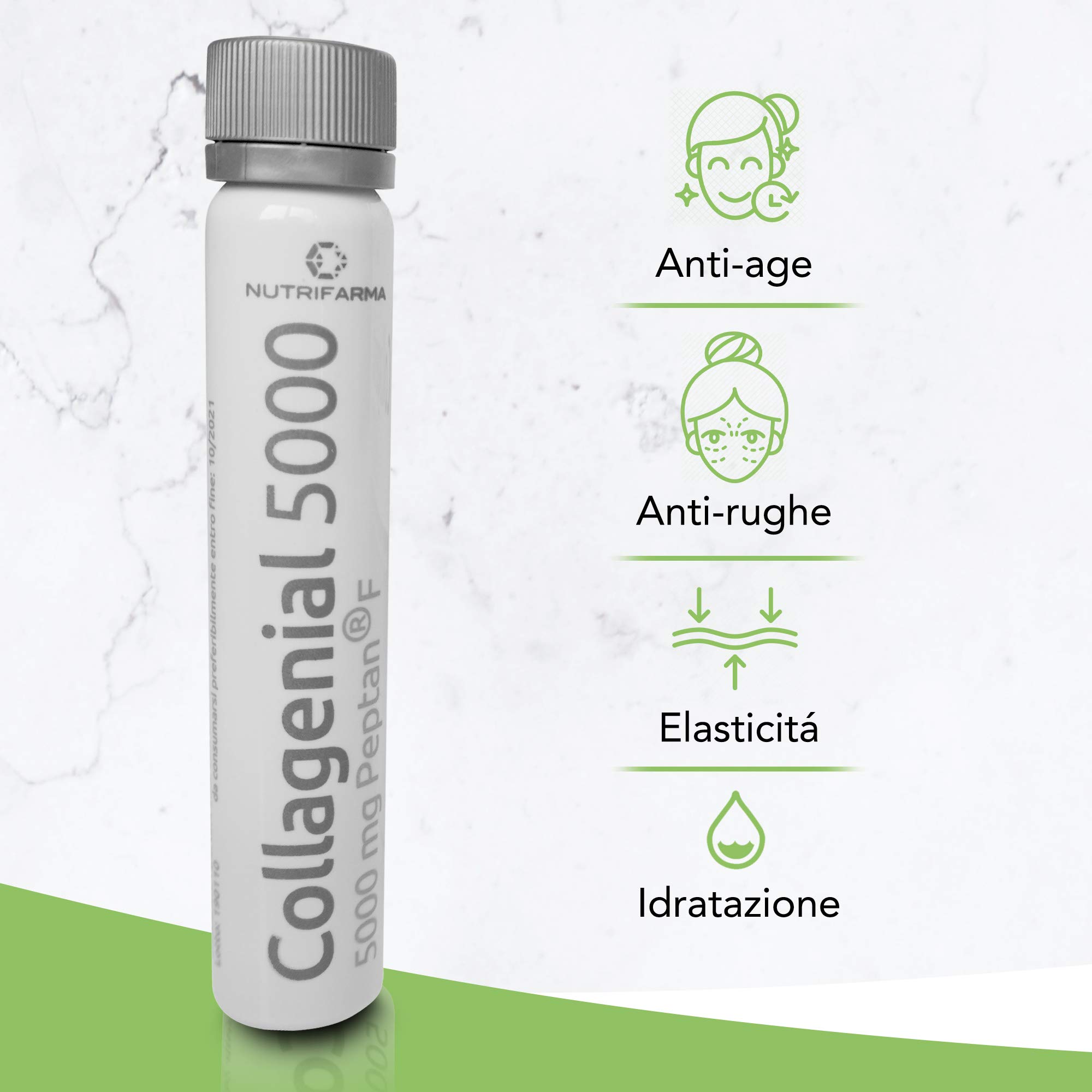 Collagene Marino con Acido Ialuronico da Bere - Collagene Idrolizzato PEPTAN® Massima Cura Viso Antirughe - Vitamina C + Zinco per Pelle, Articolazioni ed Ossa | 10 Fiale da 25 ml - Collagenial 5000