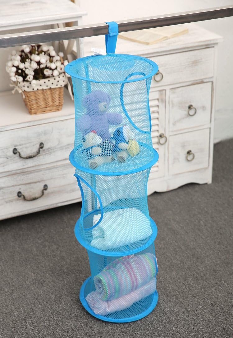 Jecxep Hanging Mesh Space Saver Bags Organizer 3 Compartments Toy Storage Basket for Kids Room organization mesh hanging bag (Blue)