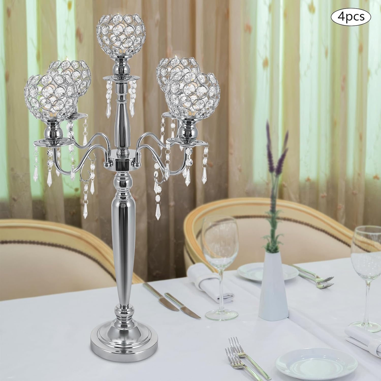 4Pcs 5 Arm Crystal Candelabra Centerpieces, 29.5In Silver Candle Holders with Detachable Crystal Bowls Tall Silver Metal Candlestick Holders for Living Room Bedroom Study Weddings