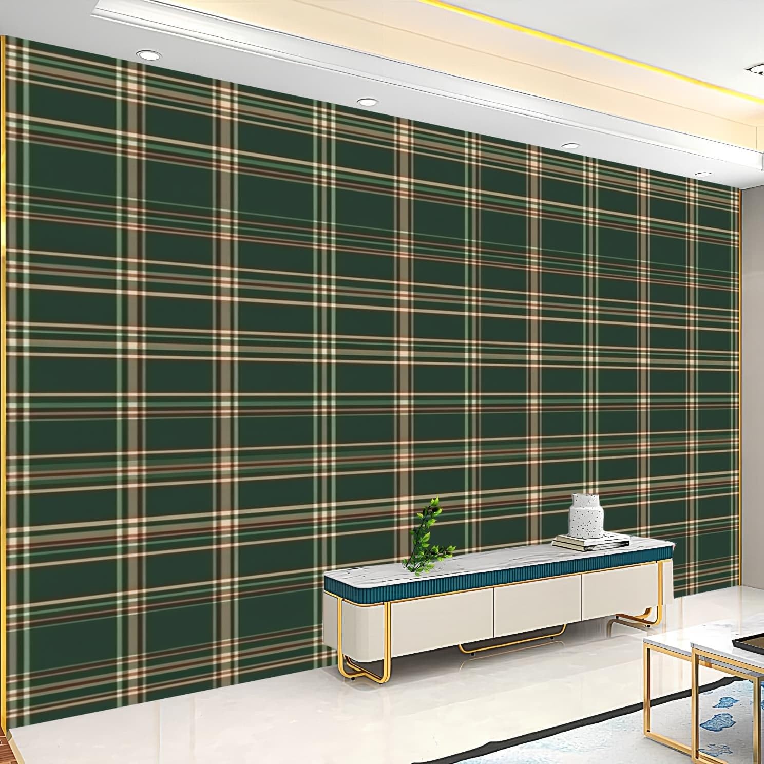 Carta da parati 300x210 cm Classico Motivo Tartan Scozzese Fotomurali in TNT Murale alla moda Decorazione da Muro Verde Poster Gigante Design Carta per pareti Camera da Letto