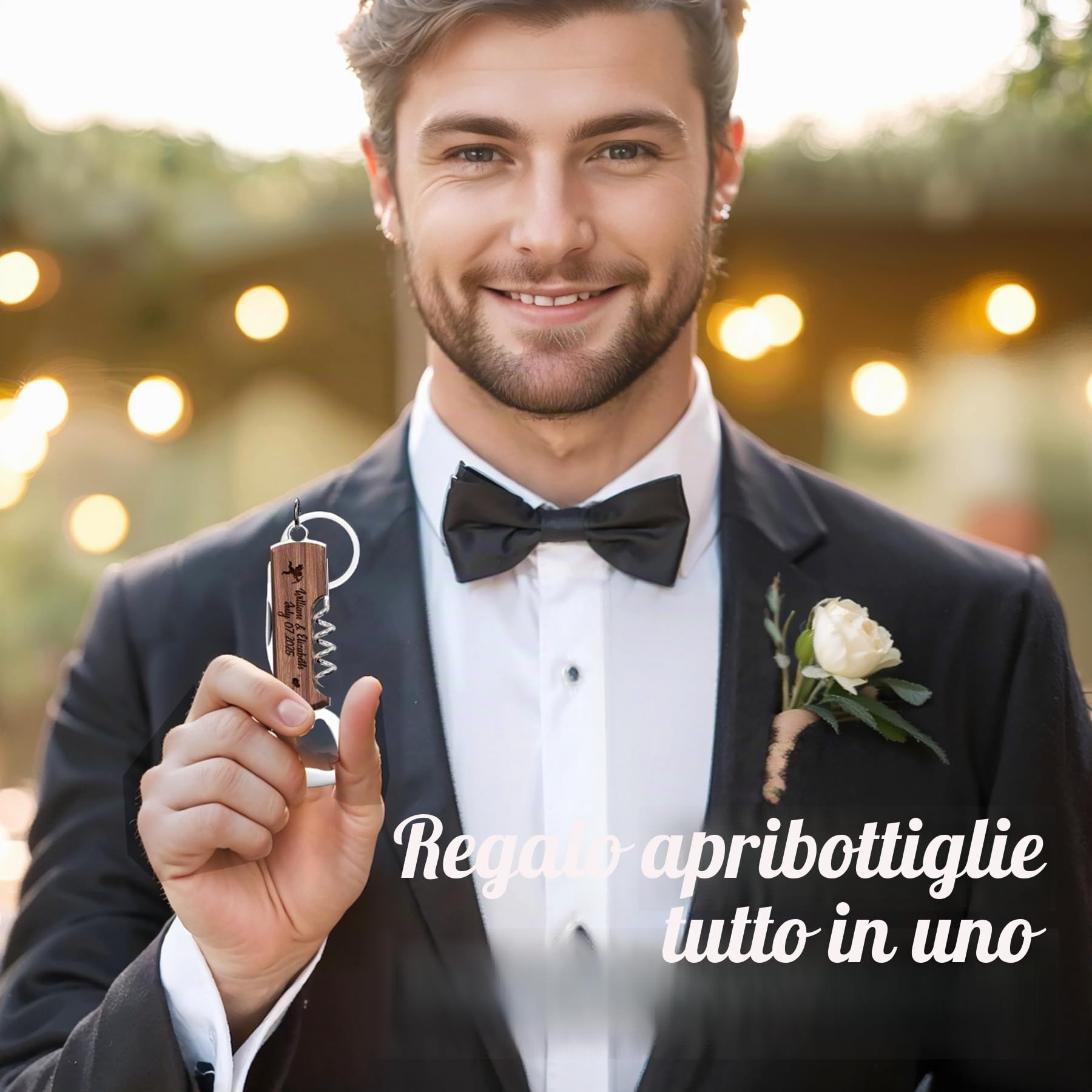 60 Pezzi Apri Bottiglie in Palissandro Personalizzato Multifunzionale, Bomboniere Regalo per Matrimoni e Feste di Compleanno, Portachiavi Apribottiglie Incisi per Ospiti