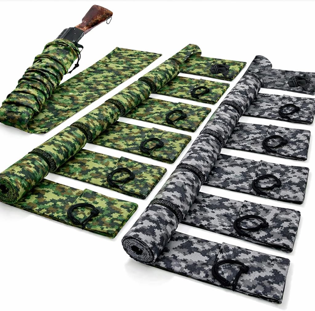 12 Pack 54” Camo Gun Socks (Green & Gray Camouflage) – Silicone Treated Anti-Rust Rifle & Shotgun Covers, Stretch Knit Sleeves for Safe Storage – Karagada