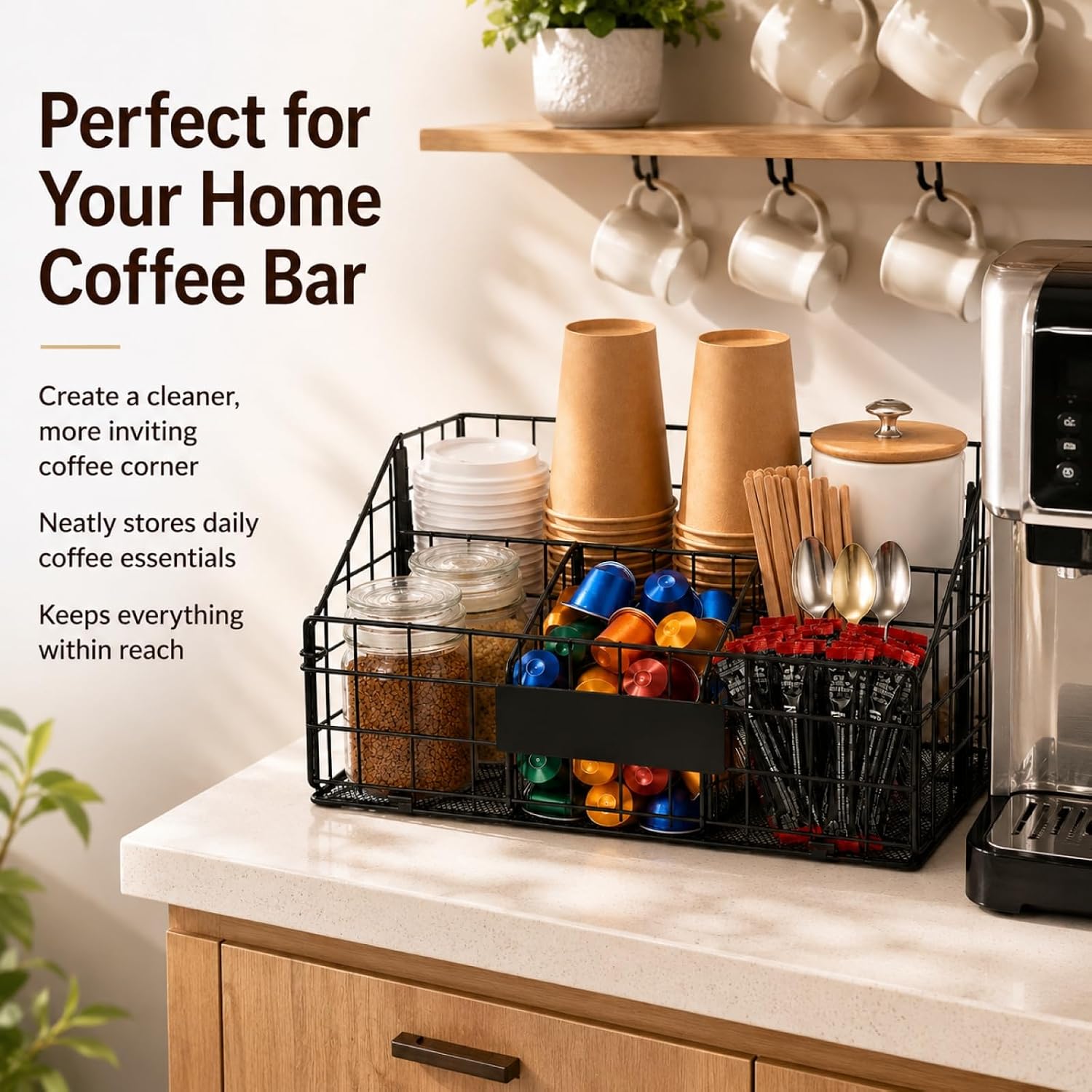 Coffee Station Organizer, Metal Wire Basket for Countertop Bar Setup | Black mesh frame, kitchen nook or breakroom, 5 compartments, open-top access, front label plate, 15.75 x 10.63 x 8.27 in