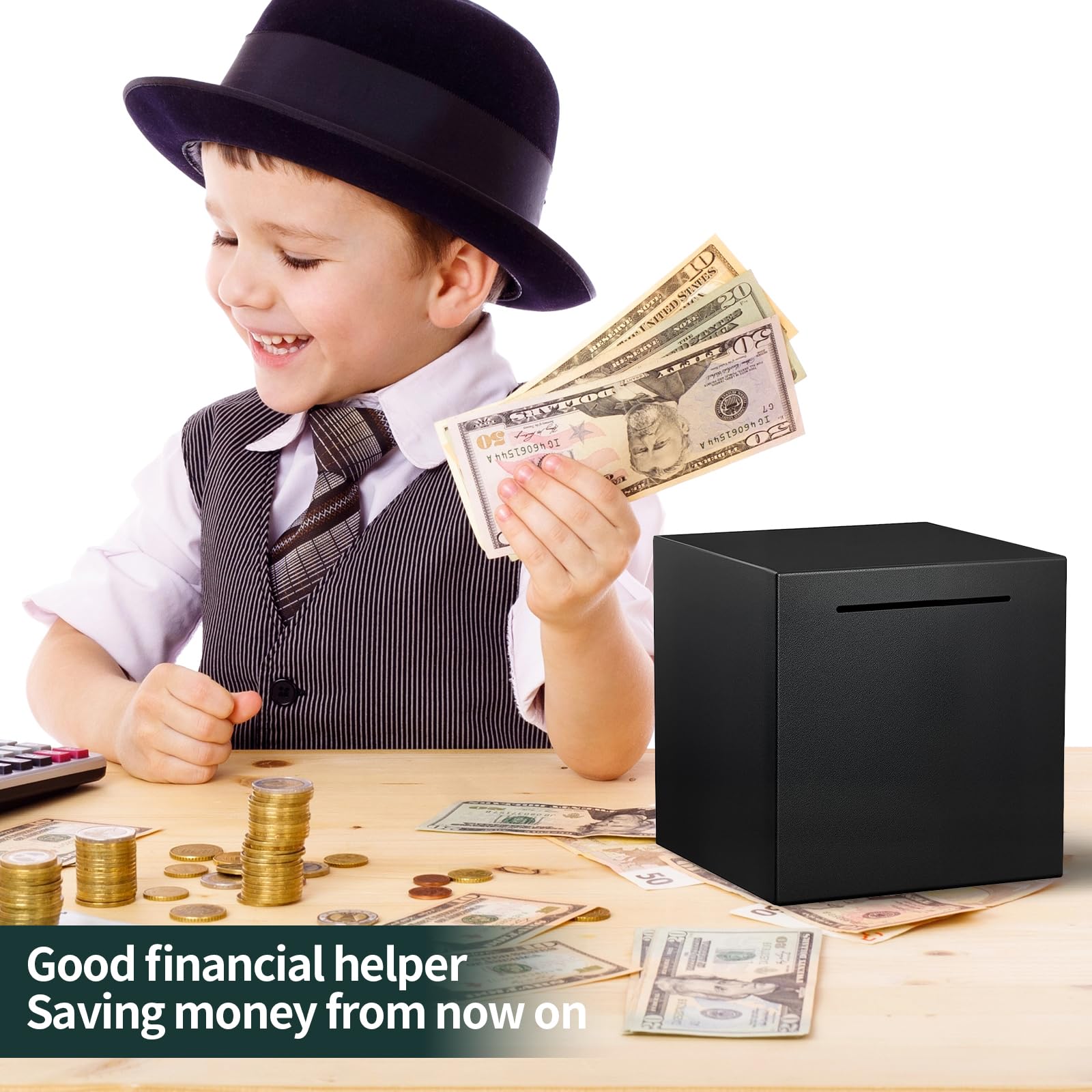 Spardose Nicht Zum öffnen, 12x12x12 cm Money Box Edelstahl Sparbox Schwarz Sparschwein Ohne öffnung Sparbüchse für Erwachsene Münzen und Scheine