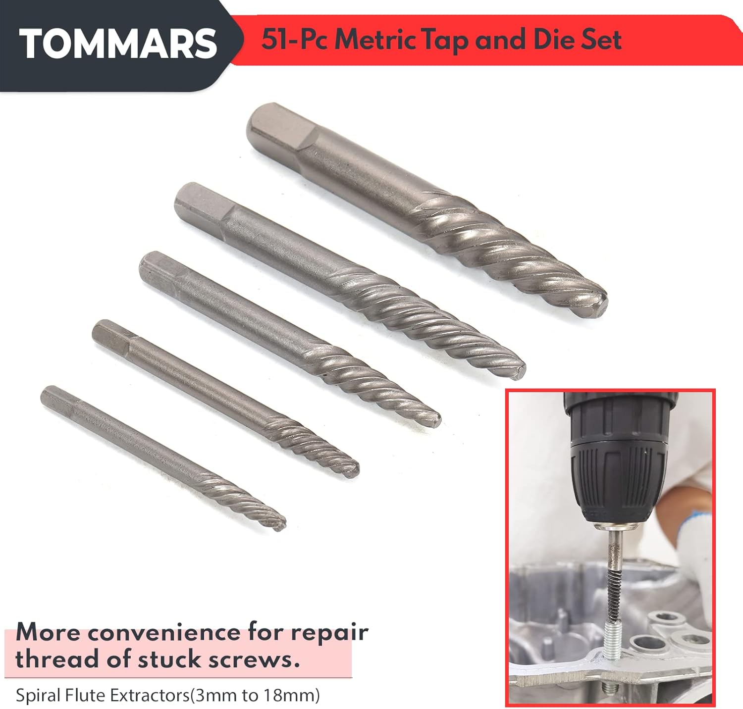 TOMMARS 51-Pc M6 to M24 Jumbo Tap and Die Set Metric Round Threading Dies for Threading and Rethreading Internal and External Threads
