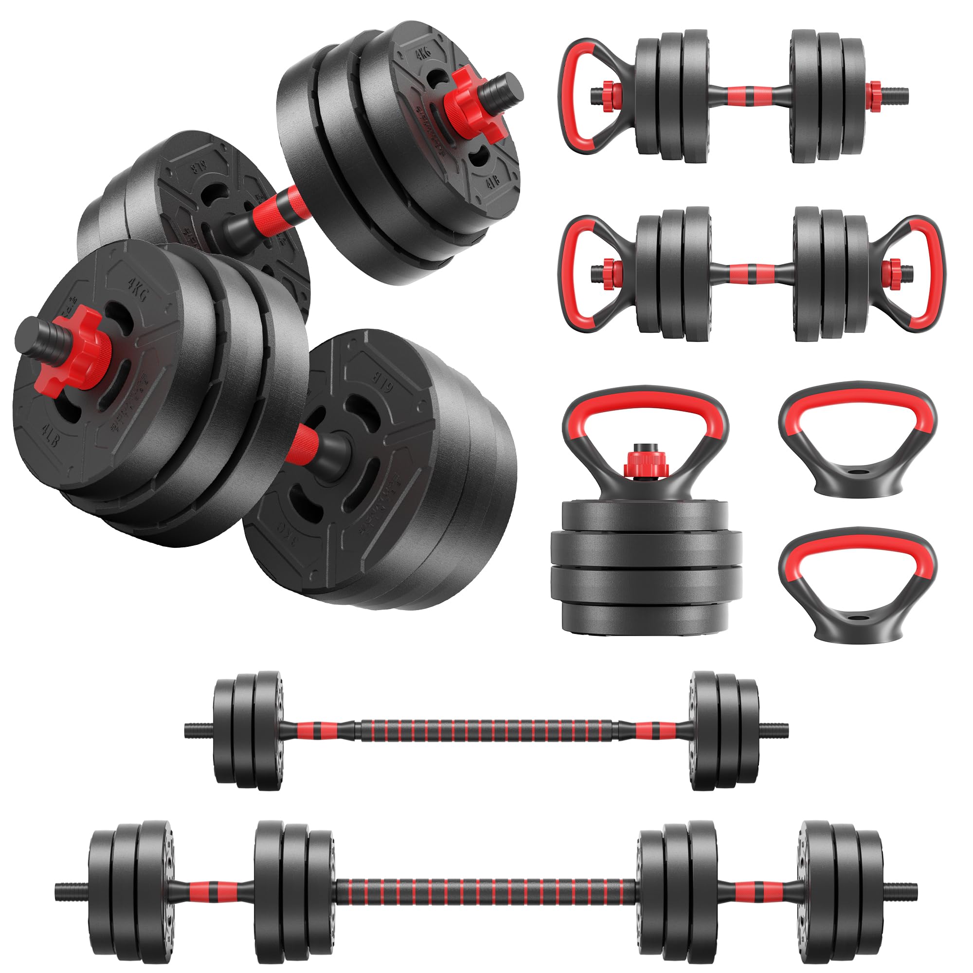 Fitvids Multi-Functional Portable Changeable Dumbbell and Barbell Kettlebell Set with Adjustable Weights 40LBS or 60LBS Sets Multiple Style