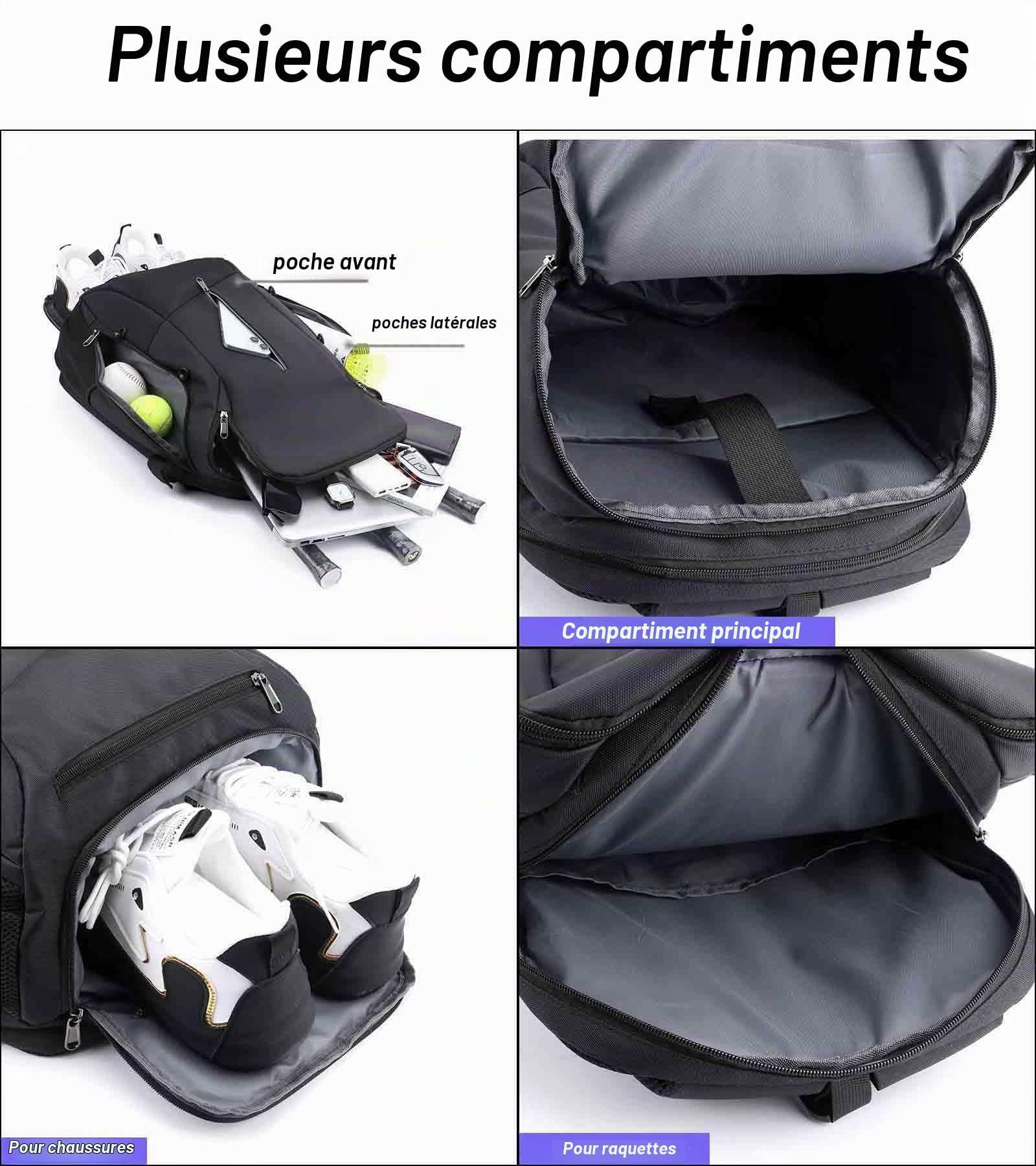 Sac à dos de tennis pour 2 raquettes - Sac à dos de sport avec compartiment à chaussures - Étanche - Pour football, basketball, baseball, badminton - Pour homme et femme