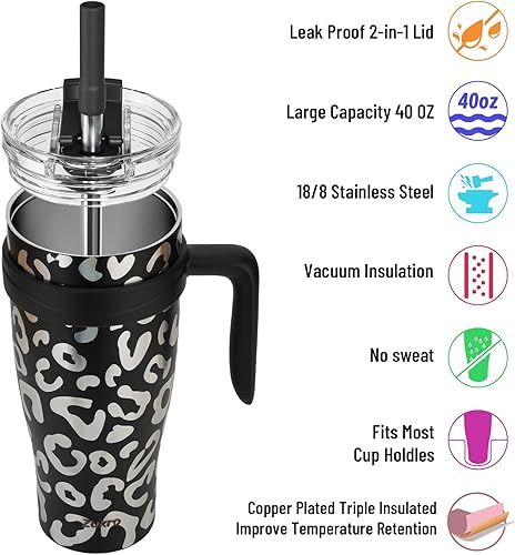 Miniatura 4 de Zukro Vaso de 40 onzas con asa y popote, vaso aislado de acero inoxidable de doble pared con tapa abatible 2 en 1, 100% a prueba de fugas, mantiene