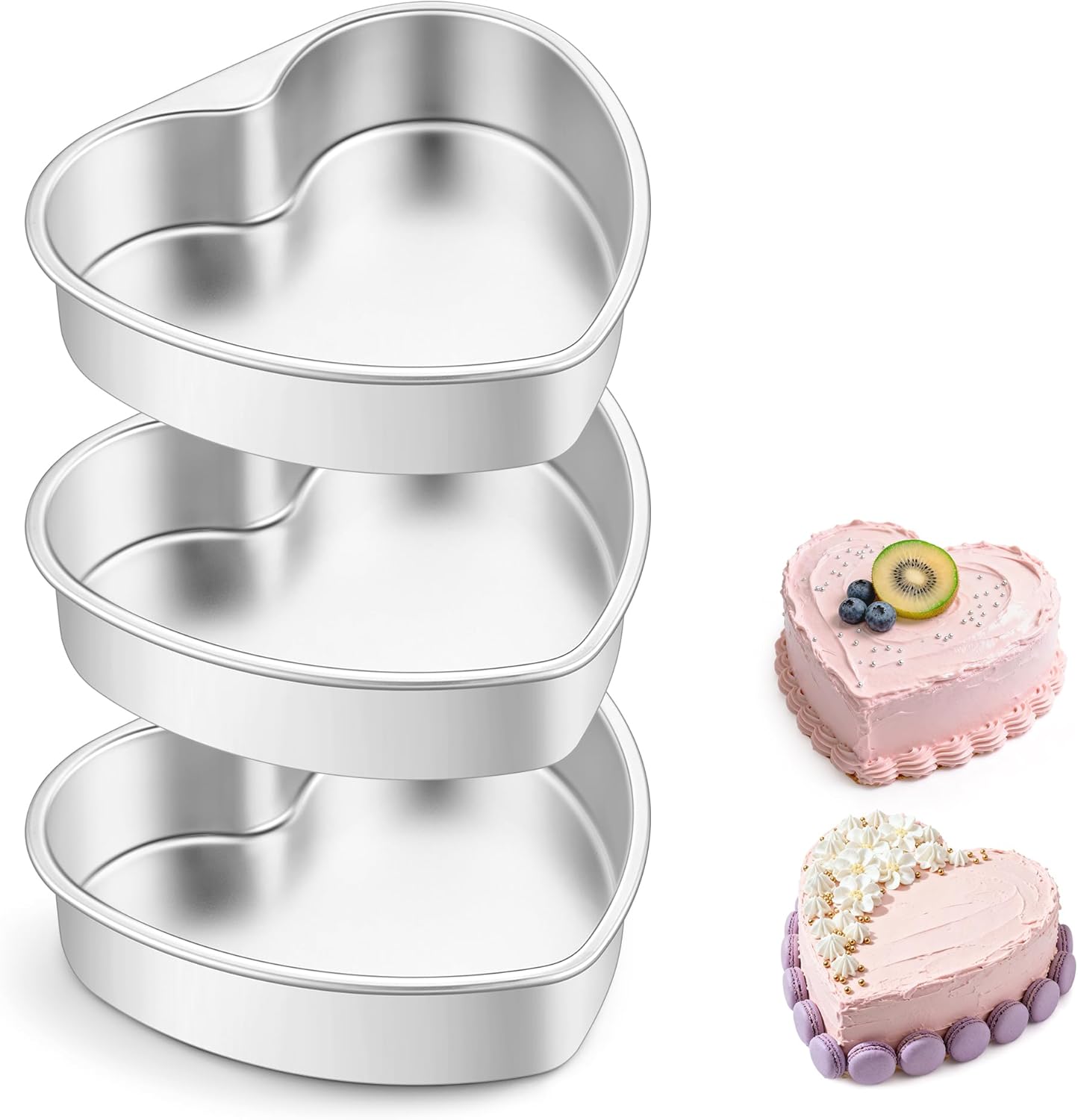 E-far 8 Inch Heart Cake Pan, 3Pcs Stainless Steel Heart Shaped Cake Mold, Cake Tin Baking Pan for Valentine's Day Anniversaries Wedding, Non-Toxic & Dishwasher Safe
