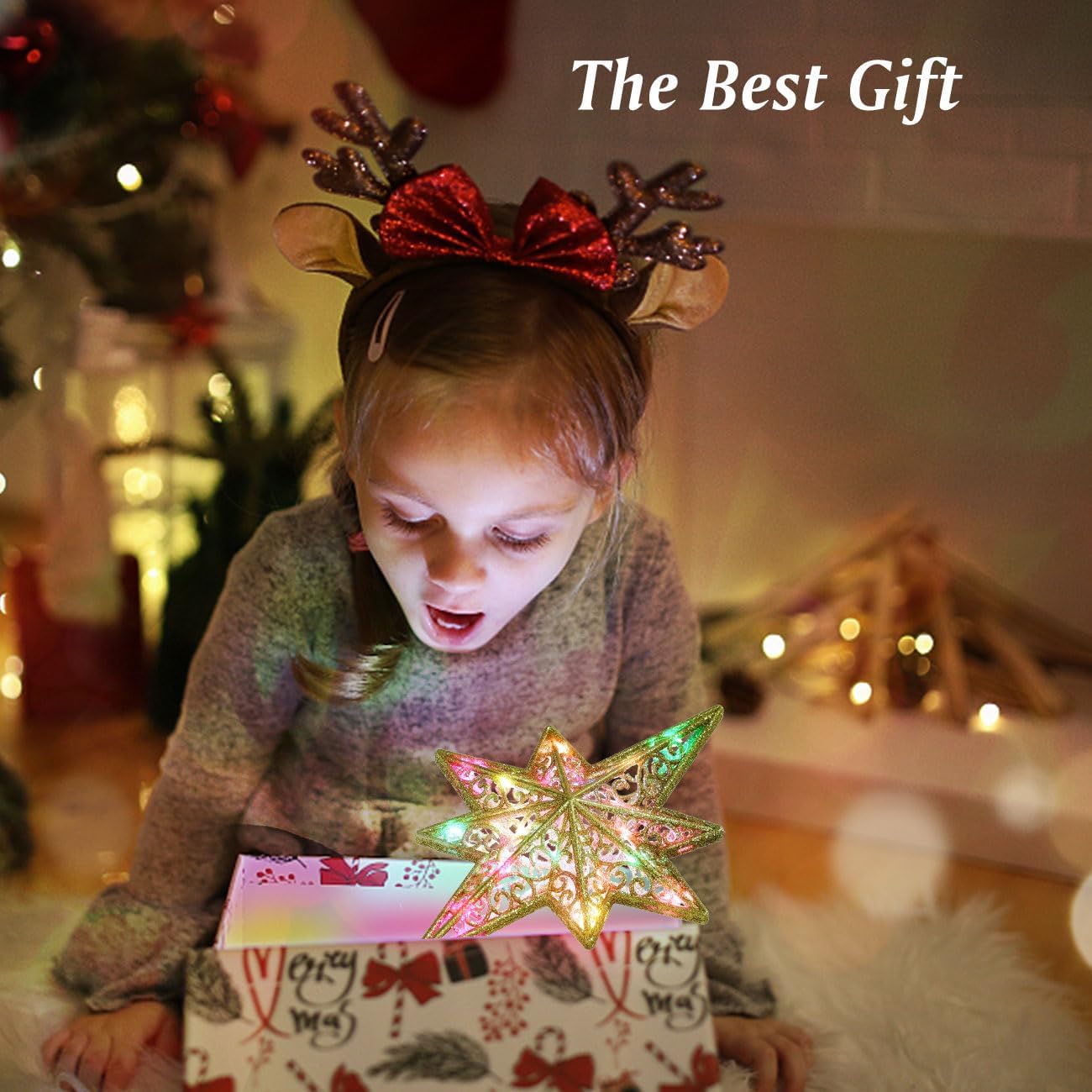 Lewondr Christmas Tree Topper, USB Powered Remote Controlled 14 Inch Bethlehem Star Xmas Tree Topper with Colorful LED Beads, 6H Timer 8-Point Treetop Light for Home Holiday Xmas Moravian Decor, Gold