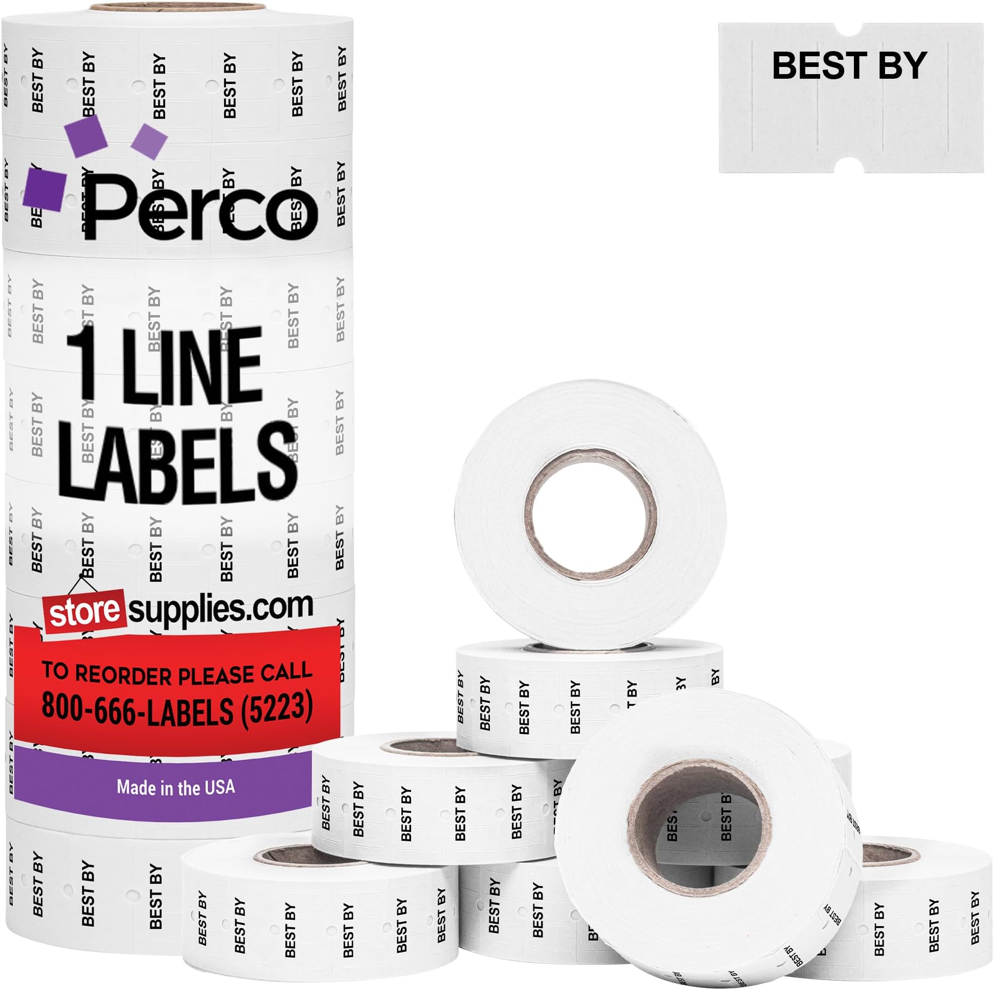 Perco Best BY 1 Line Labels - 8 Rolls, 1 Sleeve, 8,000 Blank Date Gun Labels for Perco 1 Line Date Guns - Made in USA