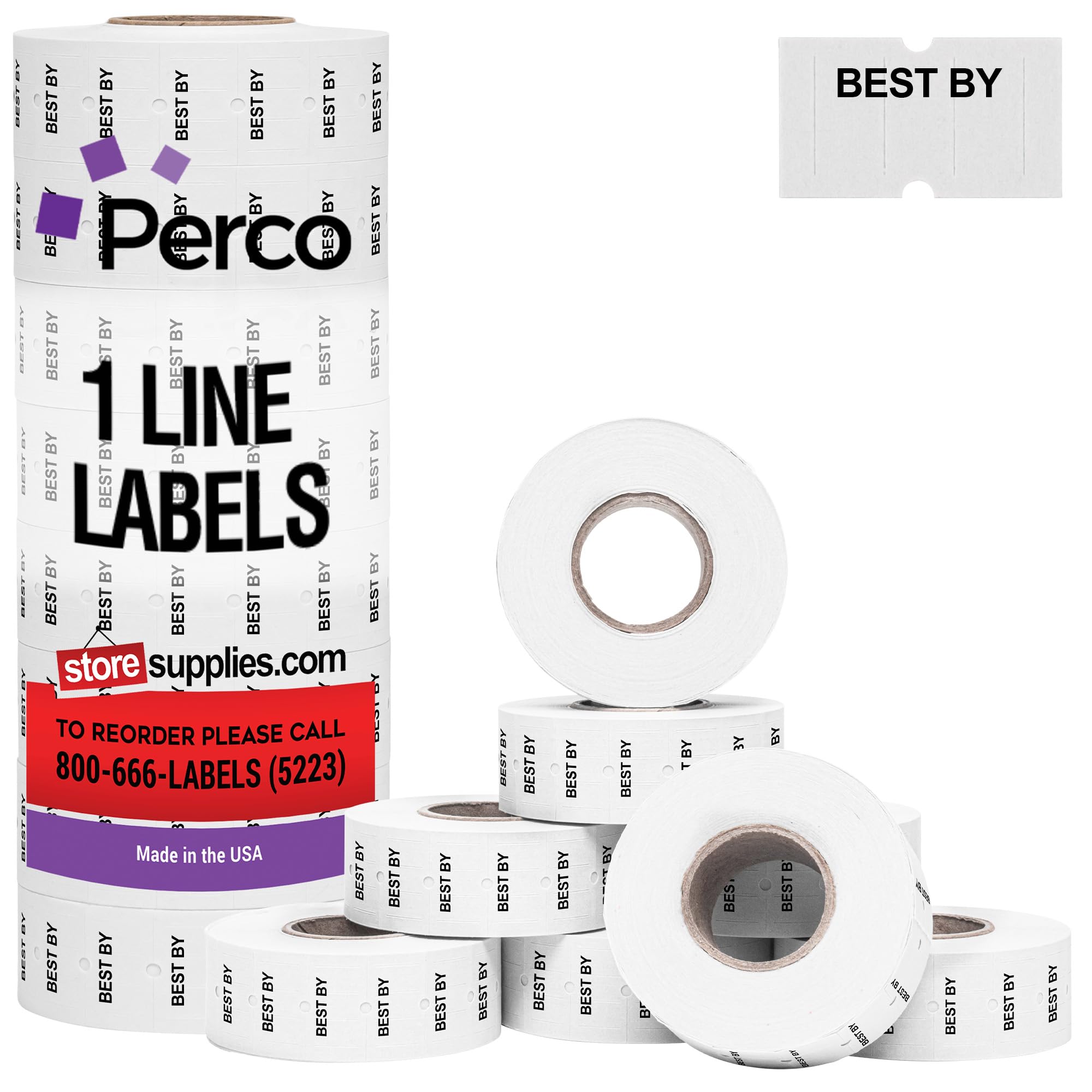 Perco Best by 1 Line Labels - 8 Rolls, 1 Sleeve, 8,000 Blank Date Gun Labels for Perco 1 Line Date Guns - Made in USA