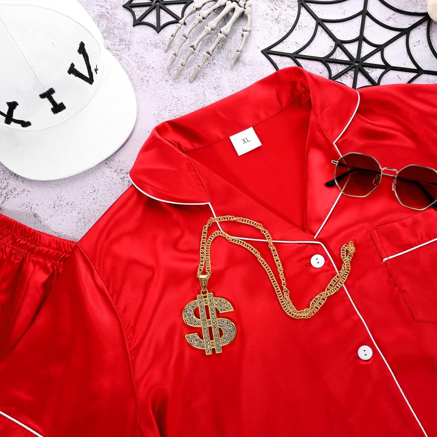 5 Pcs Halloween Hip Hop Costume Include Shirt,Shorts,White Cap,Glasses,Necklaces for Men Women Party Cosplay - Image 5