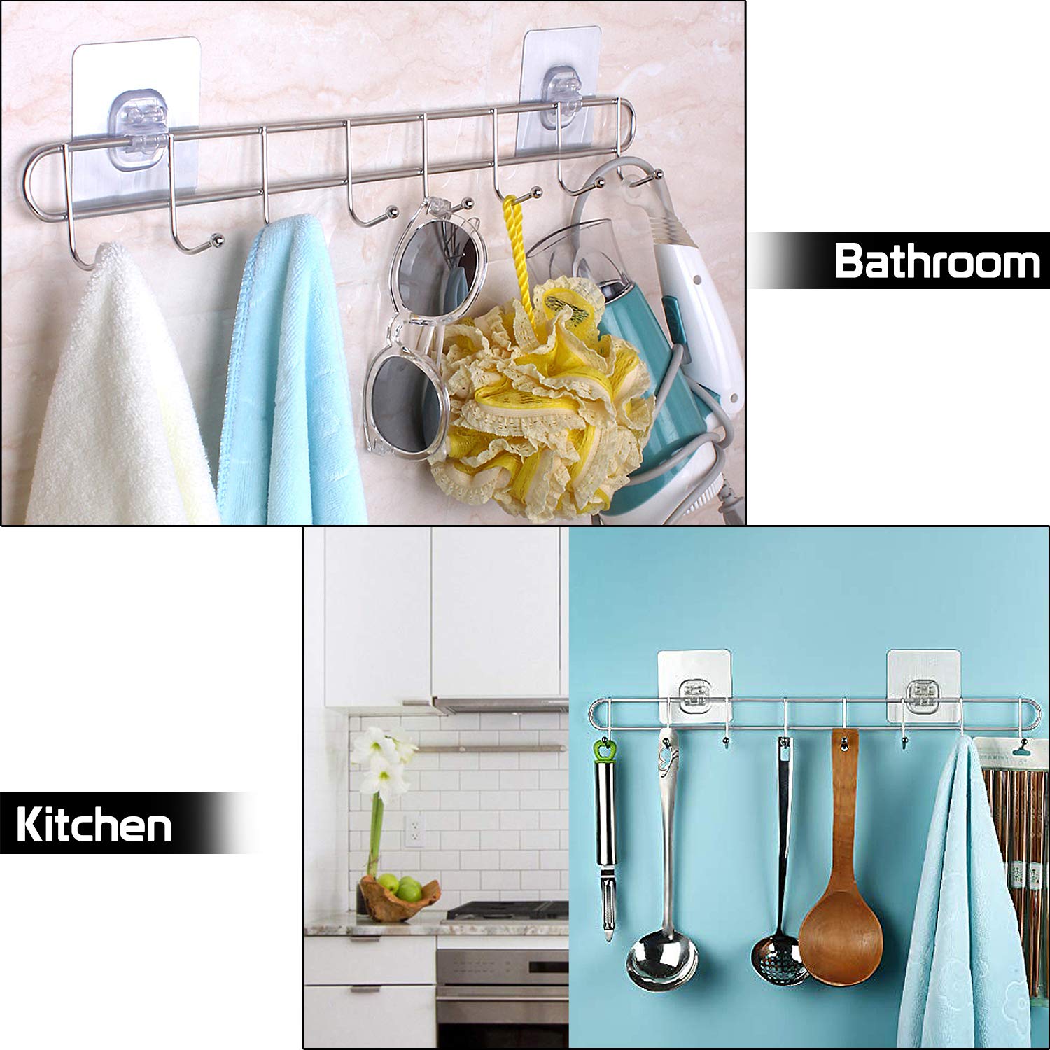 HOKIPO Stainless Steel Self Adhesive 8 Hook Rail - 5KG Load Capacity (Model-AR3165). 1