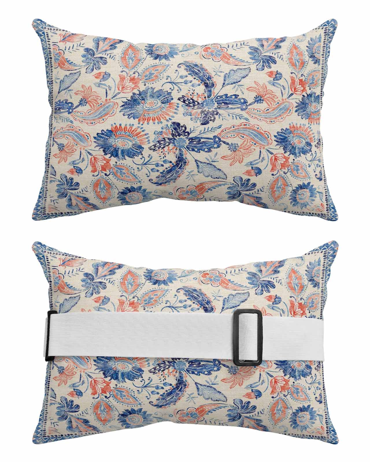 Outdoor Pillows Covers with Inserts Blue Paisley Flowers Distressed Floral Geometric Watercolor Waterproof Pillow with Adjustable Strap Throw Pillows for Patio Furniture Lounge Chair, 11x16 Inch, 2PCS