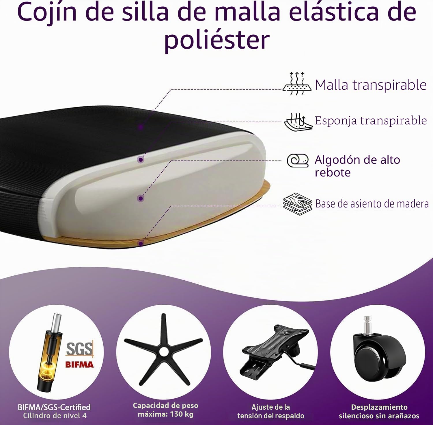 Silla de Oficina Ergonómica con Soporte Lumbar Ajustable, Reposabrazos y 125° Respaldo Inclinable, Silla Giratoria de Malla Respirable con Ruedas Omnidireccionales Silenciosas, Oficina y Hogar, Negro