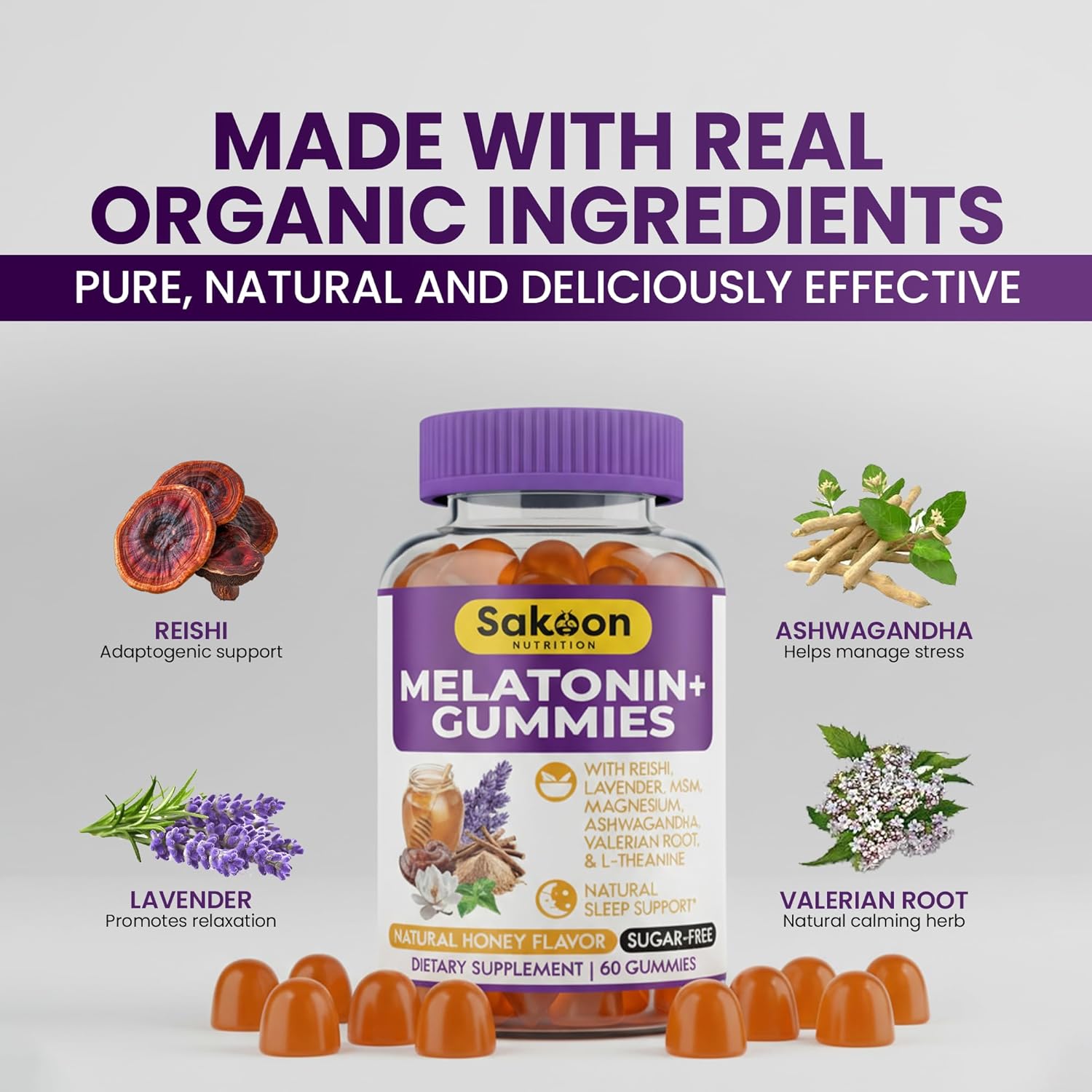 Sakoon nutrition Melatonin Gummies for Women & Men | 10mg Melatonin Plus Gummies with Sugar Free Natural Honey Flavor | Reishi, Magnesium & L-Theanine | Vegan Halal Sleep Support | 60 Count