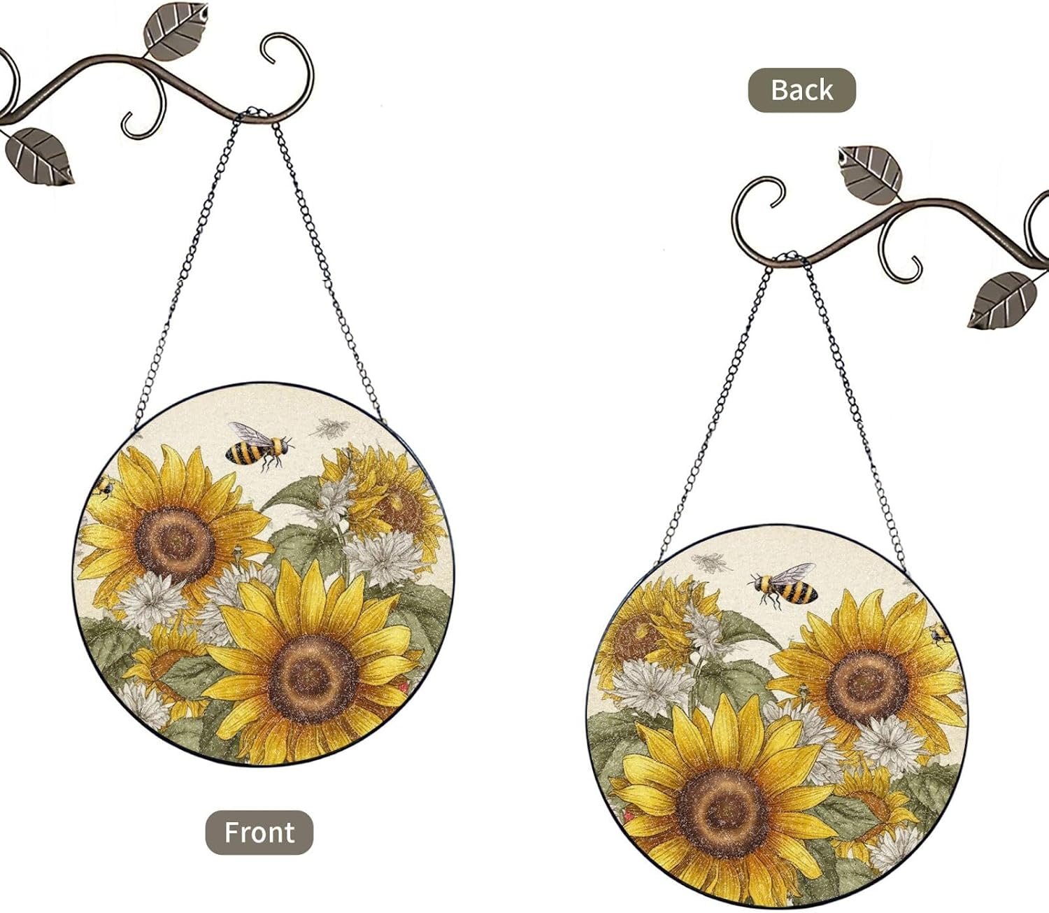 Stained Glass Window Hanging 6in（15cm）, Bees Sunflowers Daisy Rose Flowers Glass Suncatcher for Home Decor, Indoor Wall Art Glass Panel with Metal Chain and Hooks, Sun Catcher Ornament Birthday Gifts