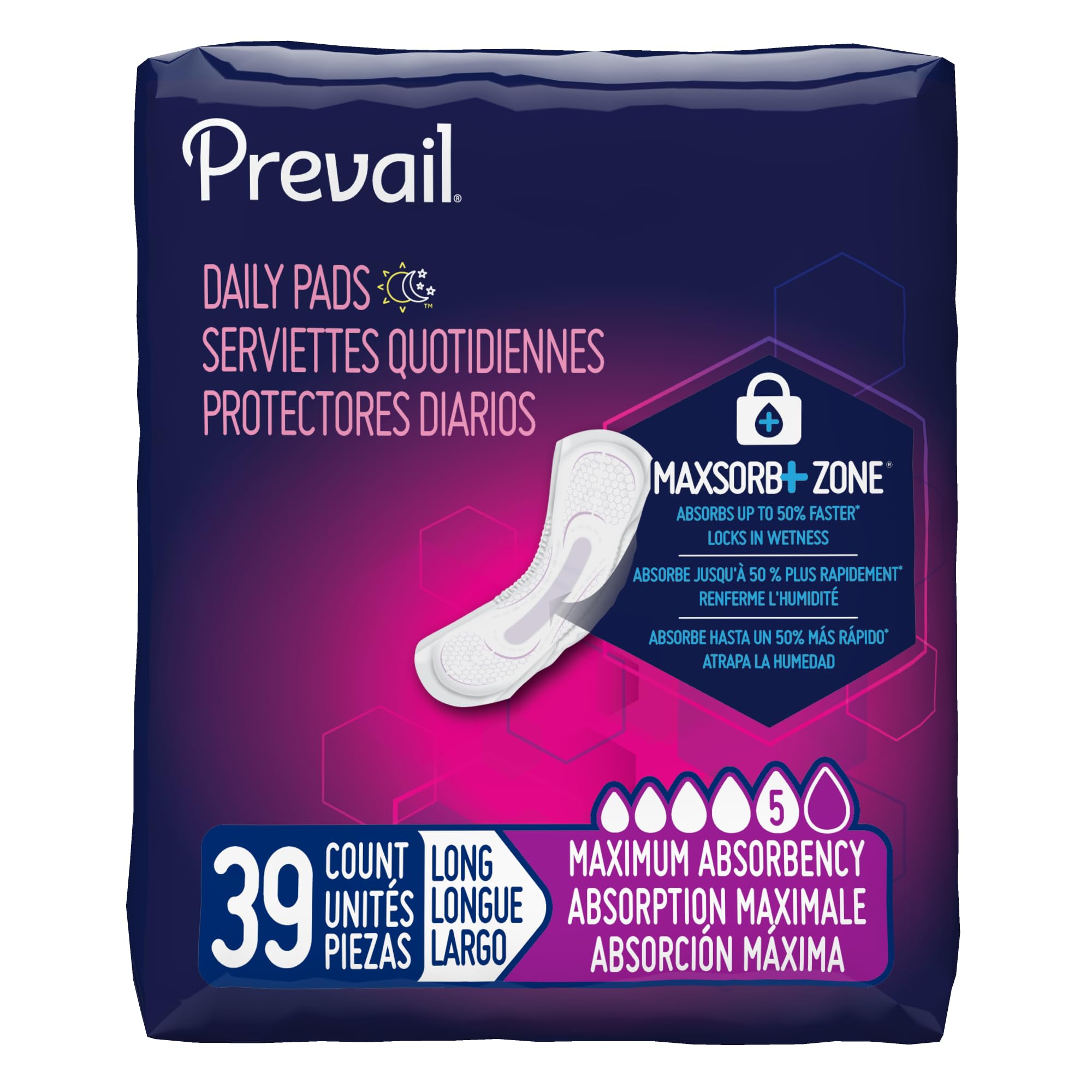 Prevail Incontinence Bladder Control Pads for Women, Maximum Absorbency, Long Length, 39 count