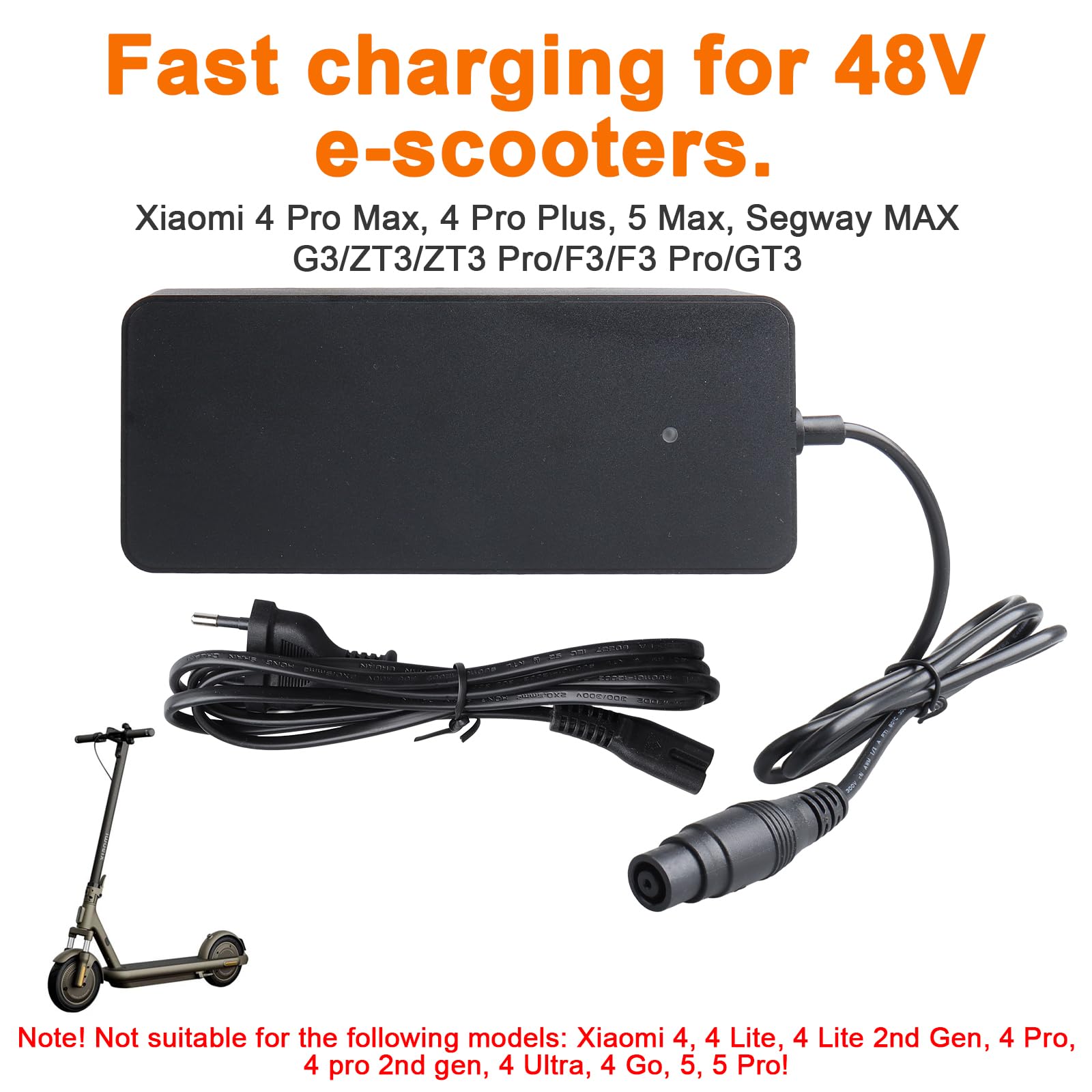 Chargeur de Scooter électrique 54.6V 2A, Compatibilité avec Xiaomi 4 Pro Max, 4 Pro Plus, 5 Max, Segway Max G3/ZT3/ZT3 Pro/F3/F3 Pro/GT3 pour 48V Batterie au Lithium Hoverboard, Connecteur 12 mm