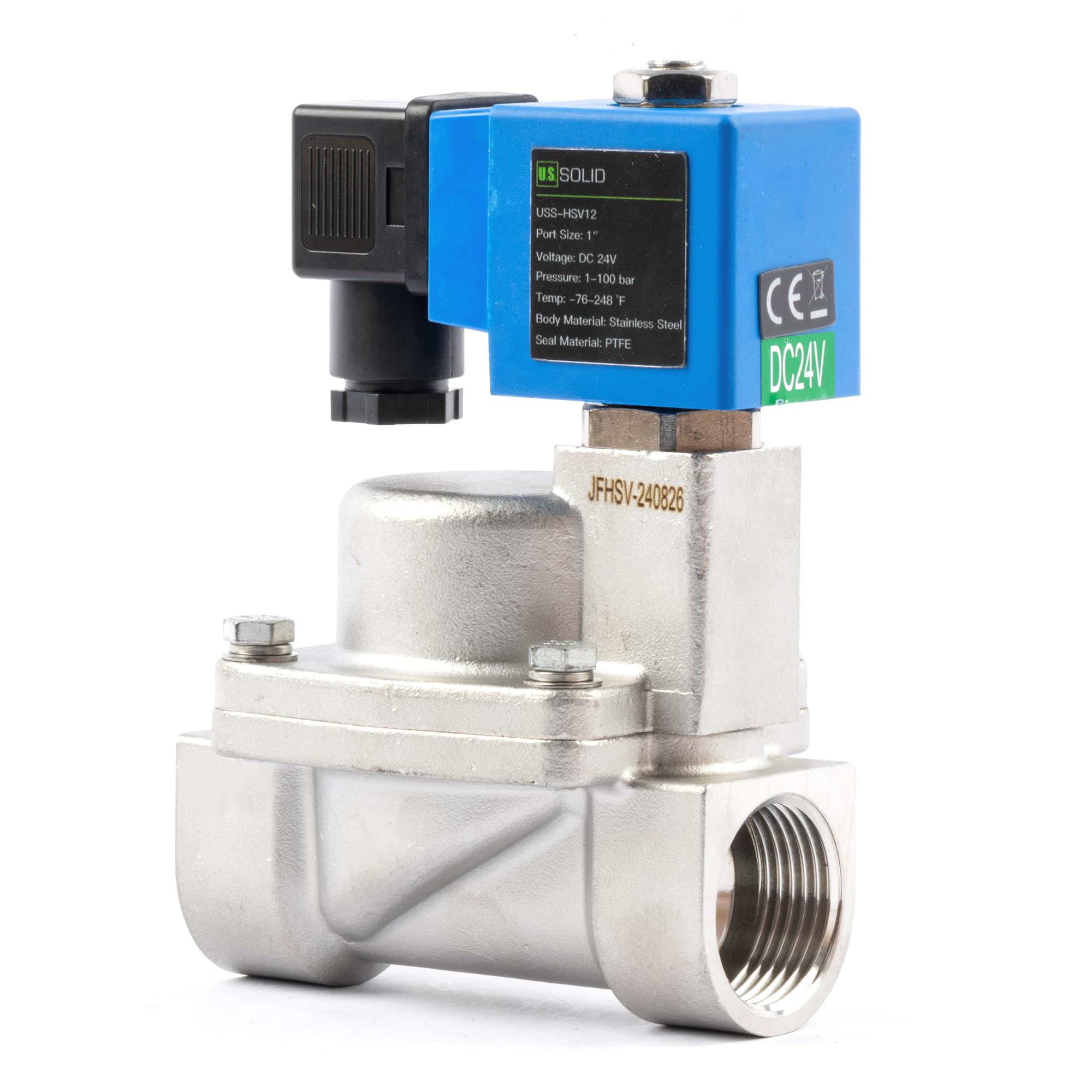 U.S. Solid Válvula solenoide de alta presión, 1 pulgada, 100 bar, acero inoxidable, 24 V CC, alta presión, alta temperatura, electroválvula eléctrica, -60-120 °C