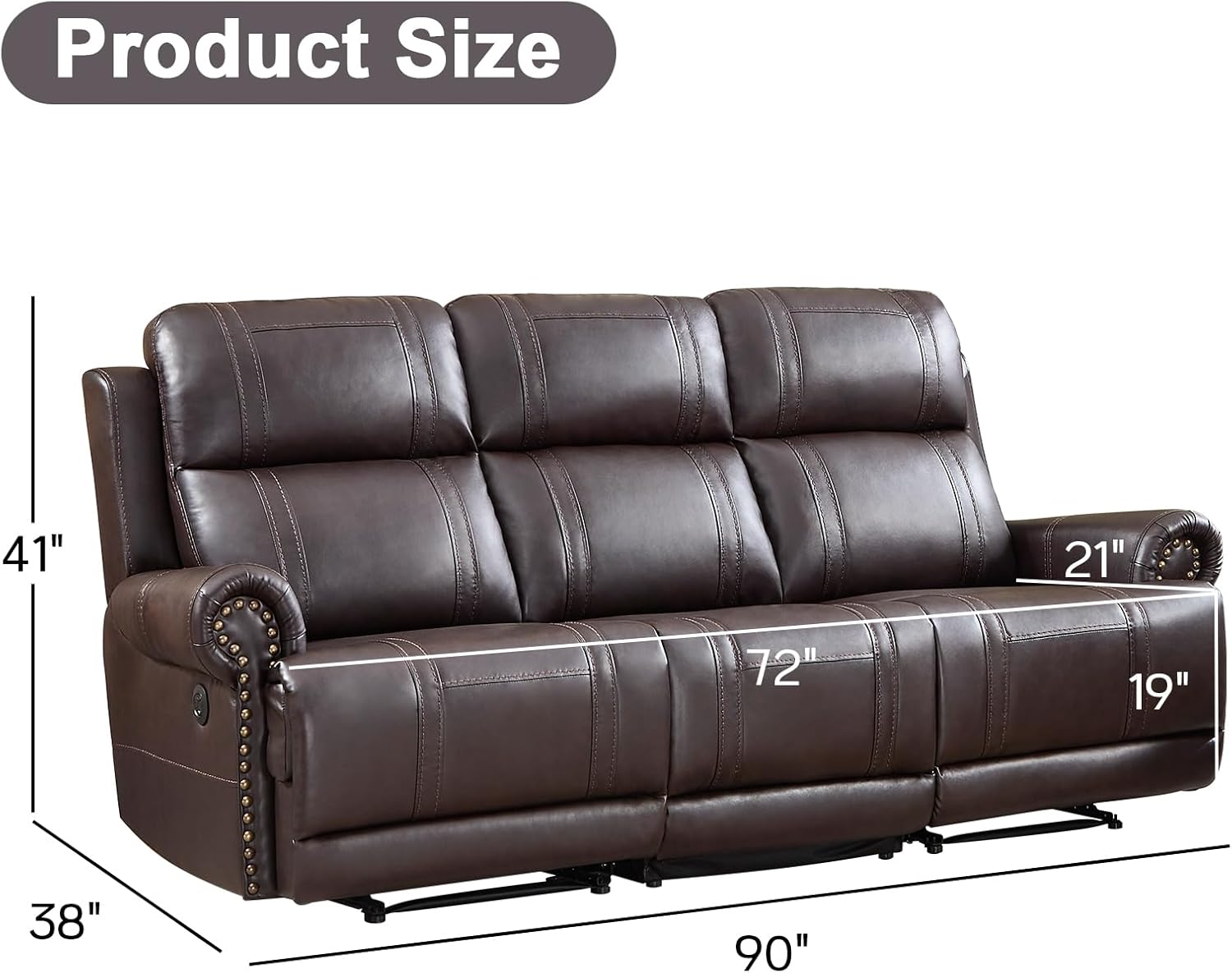 EBELLO Faux Leather Electric Reclining 3 Seat Sofa, Power Recliner Three Seats Sofa Couch with USB and Type-C Charging Ports, Vintage Rivet Design for Small Living Room, Bedroom, Meeting Room, Brown