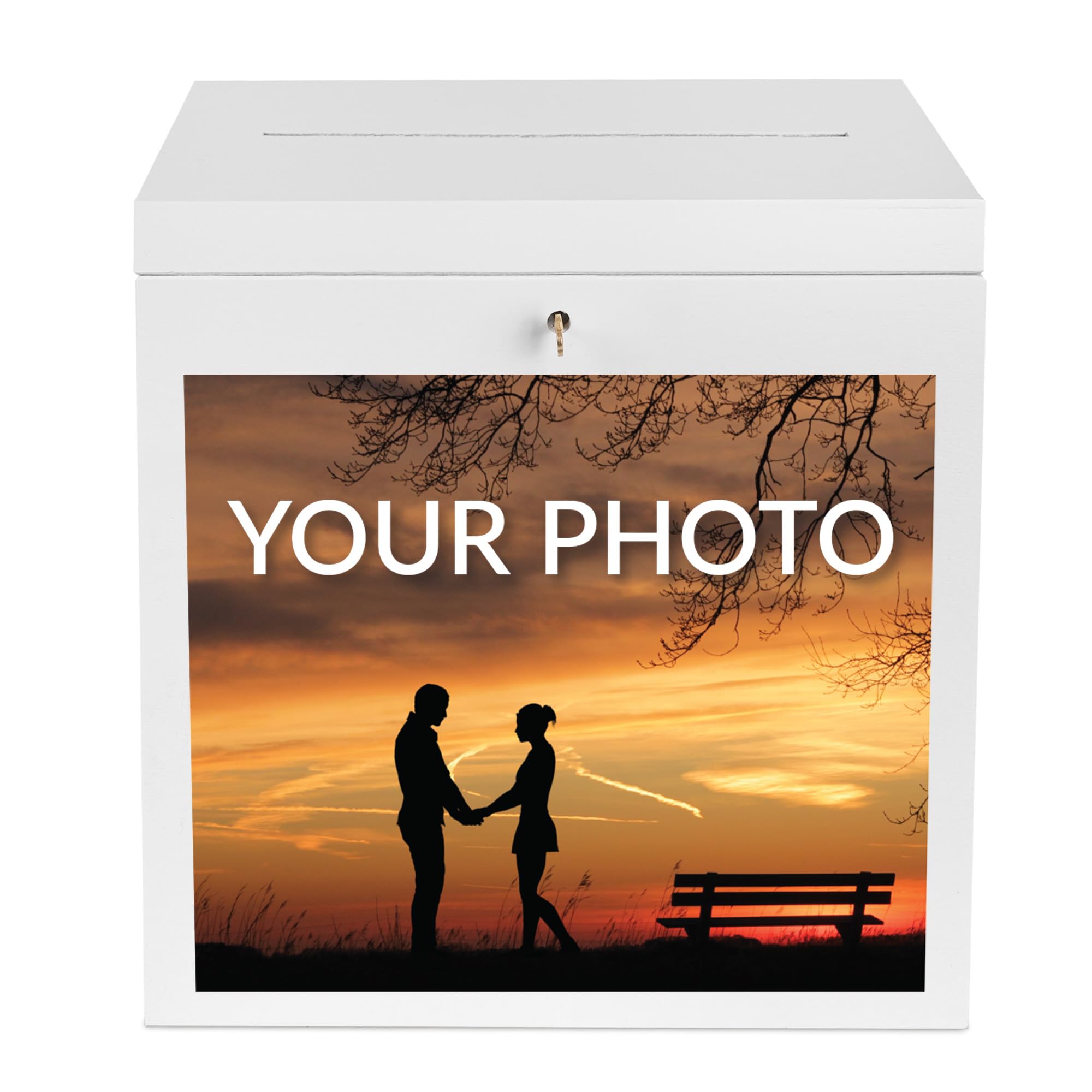 Creative Deco Personalised White Lockable Wooden Wedding Card Box | 29 x 25 x 30 cm | Your Photo/Logo | Plain Storage Box with Lid | Wood Keepsake Memory Trinket Chest for Post