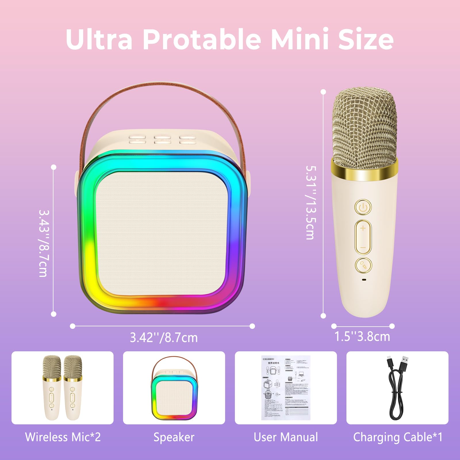Mini Karaoke Machine for Kids Adults, UZSOMX Portable Bluetooth Speakers and 2 Wireless Microphones Song Toys with LED Light, Chritmas Birthday Toys Gifts for Girls Boys Toddler Teens (Beige 2 Mic) 1
