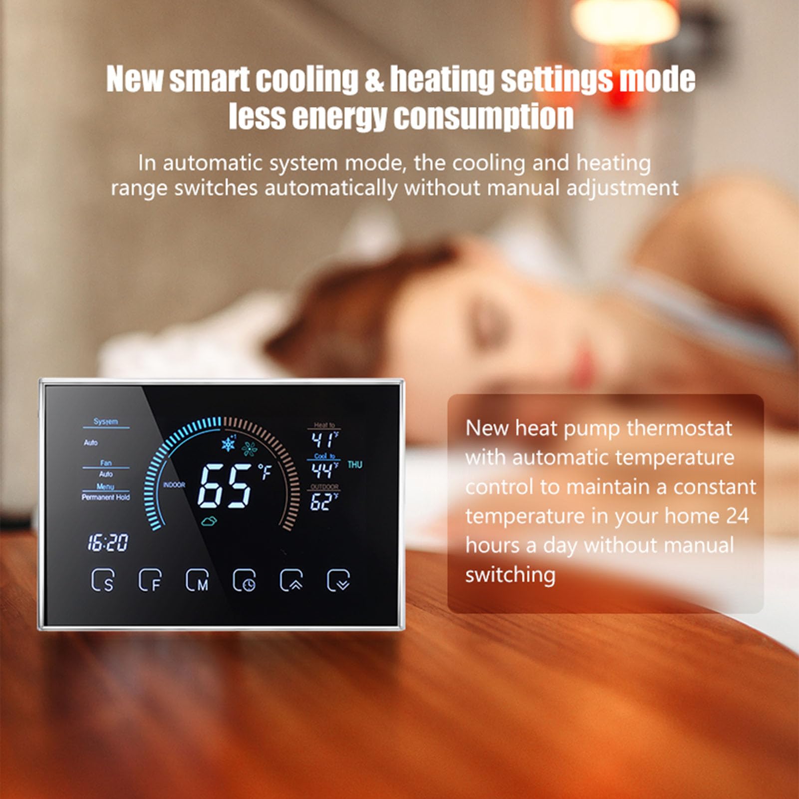 Termostato Intelligente con Touchscreen LCD, Pompa di Calore a Comando Vocale Programmabile, Intervallo 41-95°F per Riscaldamento e Raffreddamento Domestico (BLACK)
