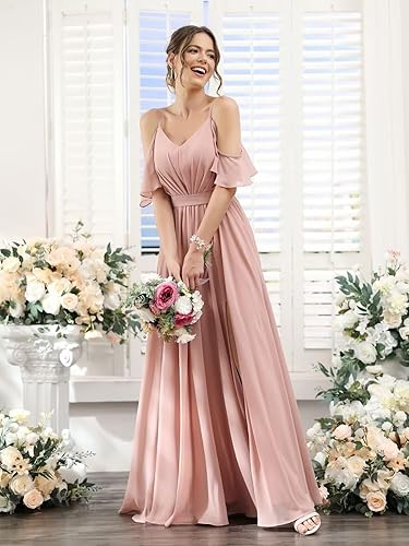 Vista 4 de Vestidos de dama de honor con hombros descubiertos para mujer, para boda, largo con cuello en V, vestido formal de fiesta de noche con abertura VT018
