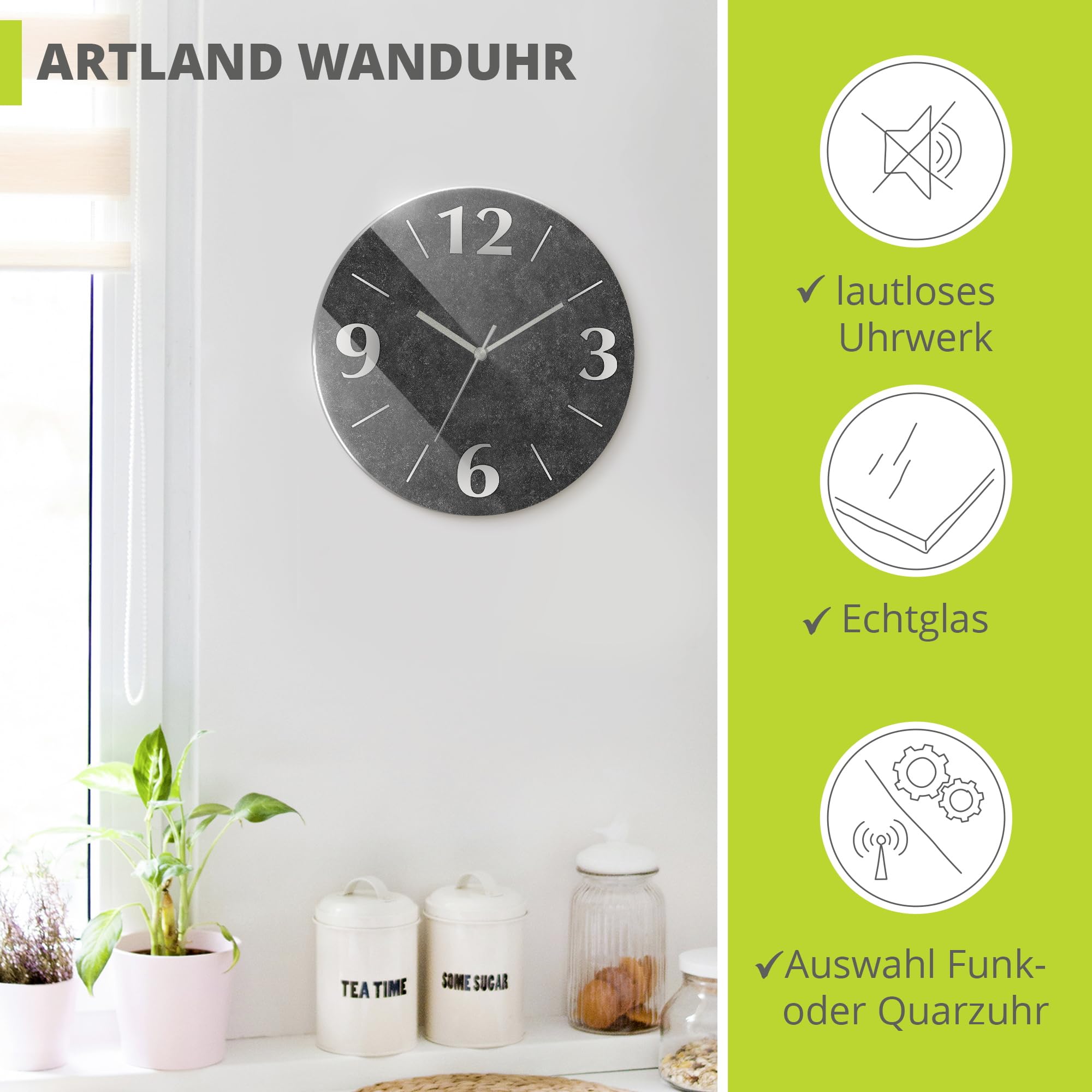 ARTLAND Wanddeko Wanduhr ohne Tickgeräusche aus Glas Funkuhr Ø 30 cm Rund Lautlos Ø 30 cm Granitoptik Gesteinoptik Anthrazit J4XM