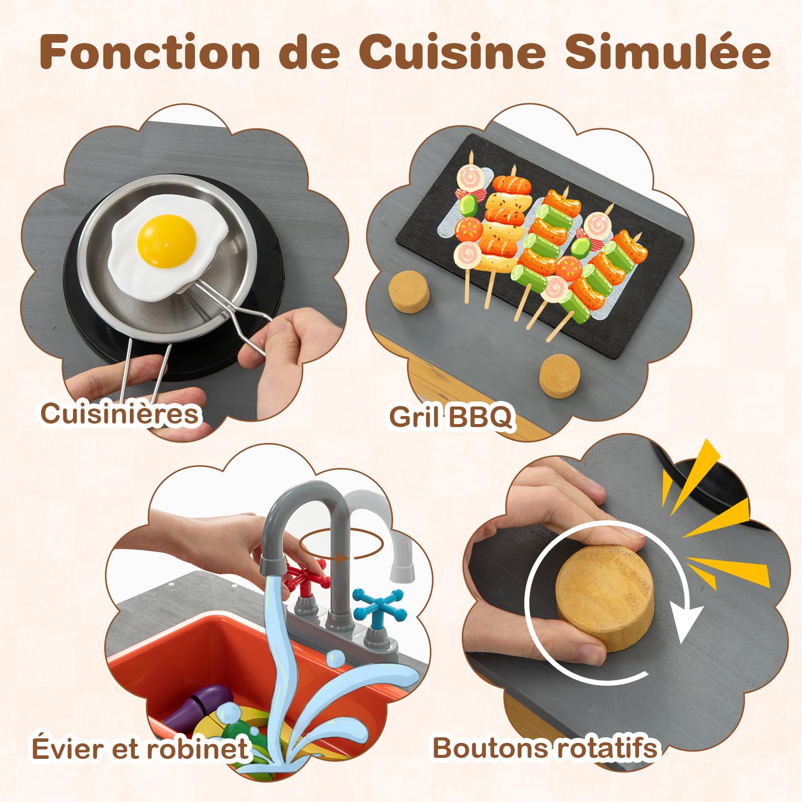 COSTWAY 2 en 1 Bac à Sable Enfant Extérieur avec 9 Accessoires et Évier et Barbecue, Bac à Sable en Bois Sapin avec Doublure Inférieure et Banc, Cuisine pour Jardin Maison Plage, 3-8 Ans