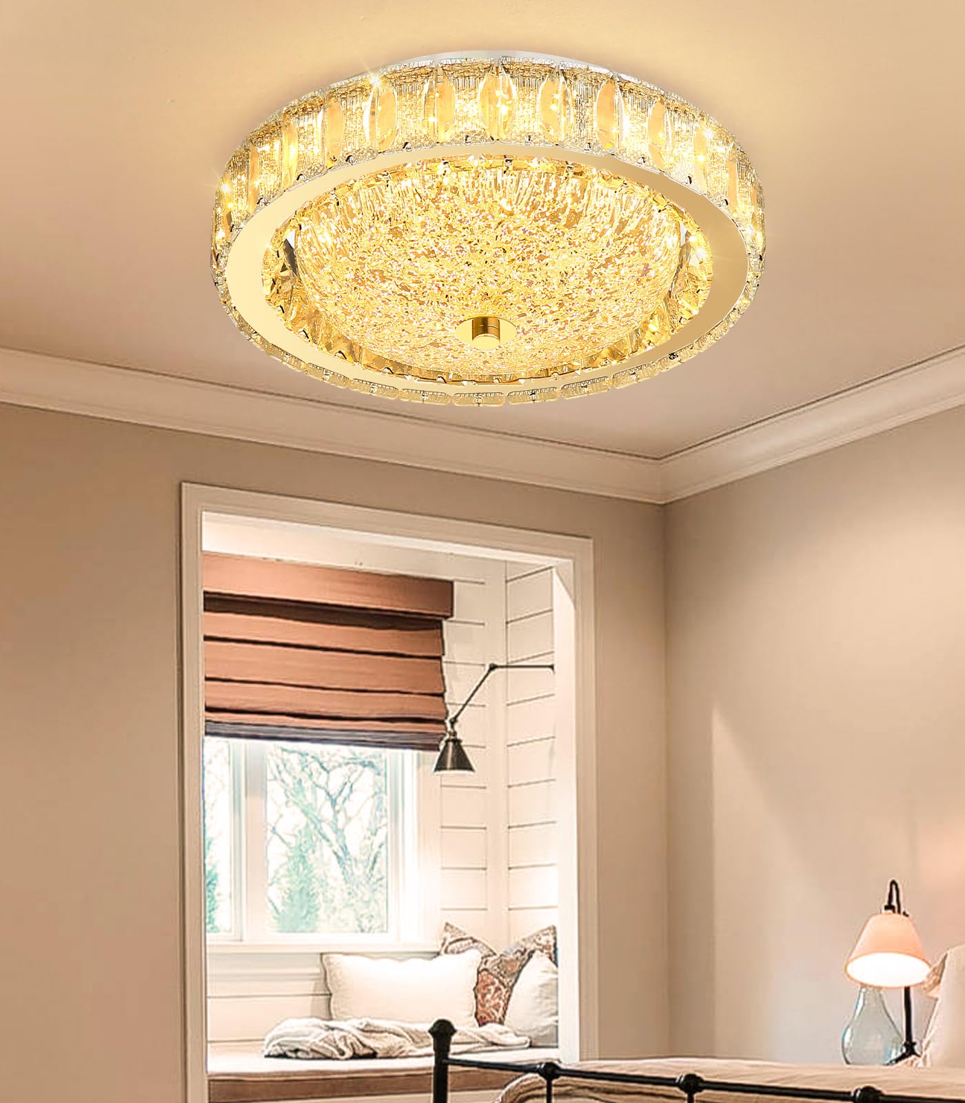 11.8" Modern Mini Crystal Chandelier Dimmable LED Flush Mount Ceiling Light with Remote Control for Bedroom Hallway Dining Room Gold