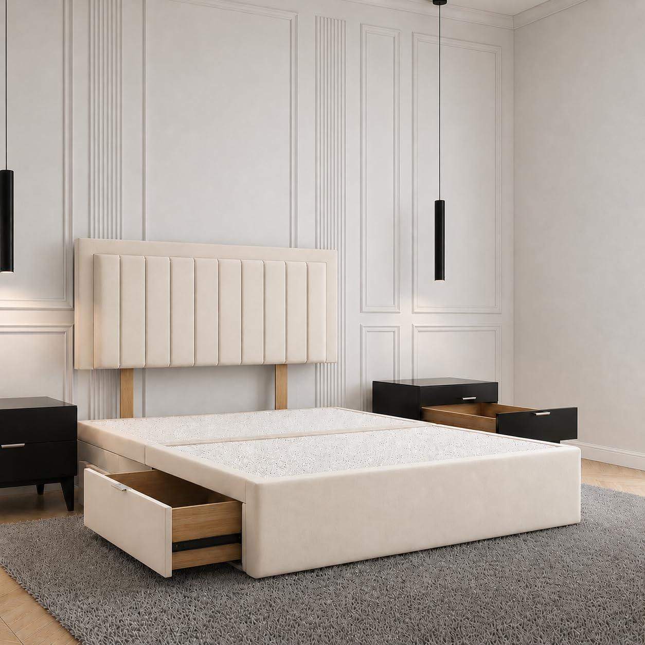 iq beds Luxury Divan Bed with 2 Right Side Storage Drawers, Optional Mattress, Premium Upholstered Divan Base, Modern Bedroom Furniture for Single, Small Double, Double, King & Super King Sizes