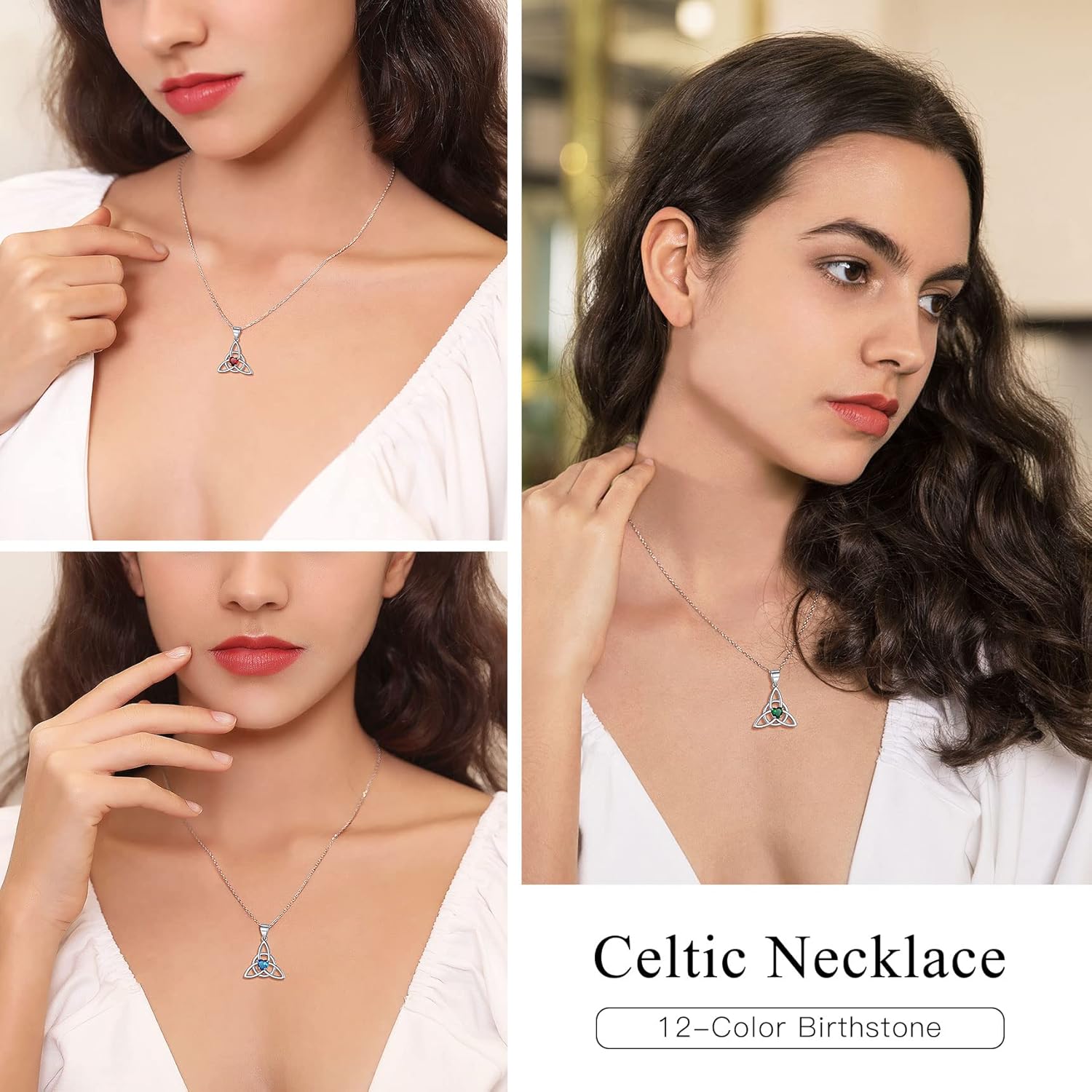 Bestyle Silver Celtic Cross Necklace with 12 Month Heart Birthstone, Dainty Celtic Birthstone Necklace Silver Chain for Women Faith Irish Amulet Lucky Birthstone Jewelry - Image 3