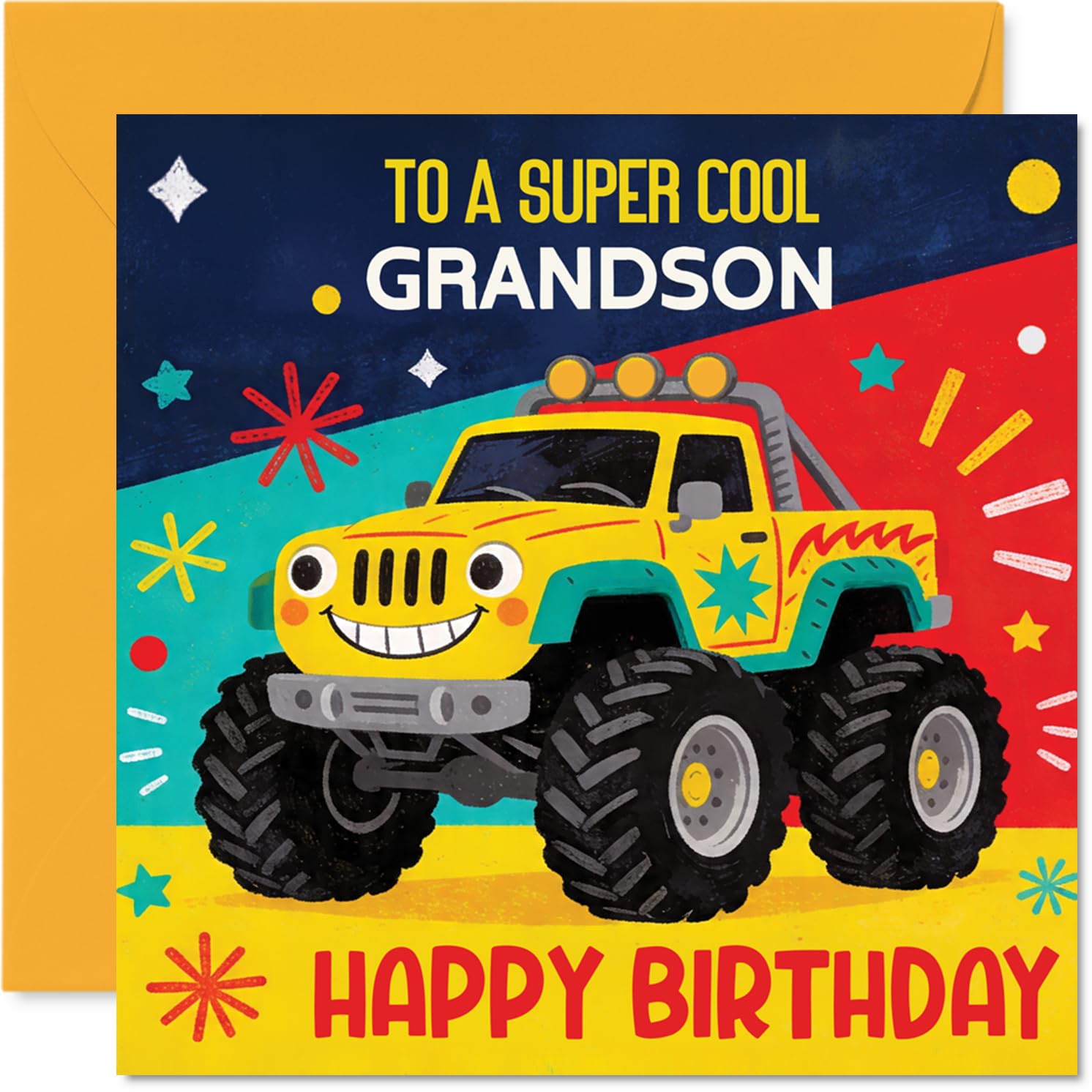 Playful Birthday Card for Grandson - Big Birthday Cheers - Colourful Monster Truck Design Bursting with Energy - 145mm Square, Envelope Included